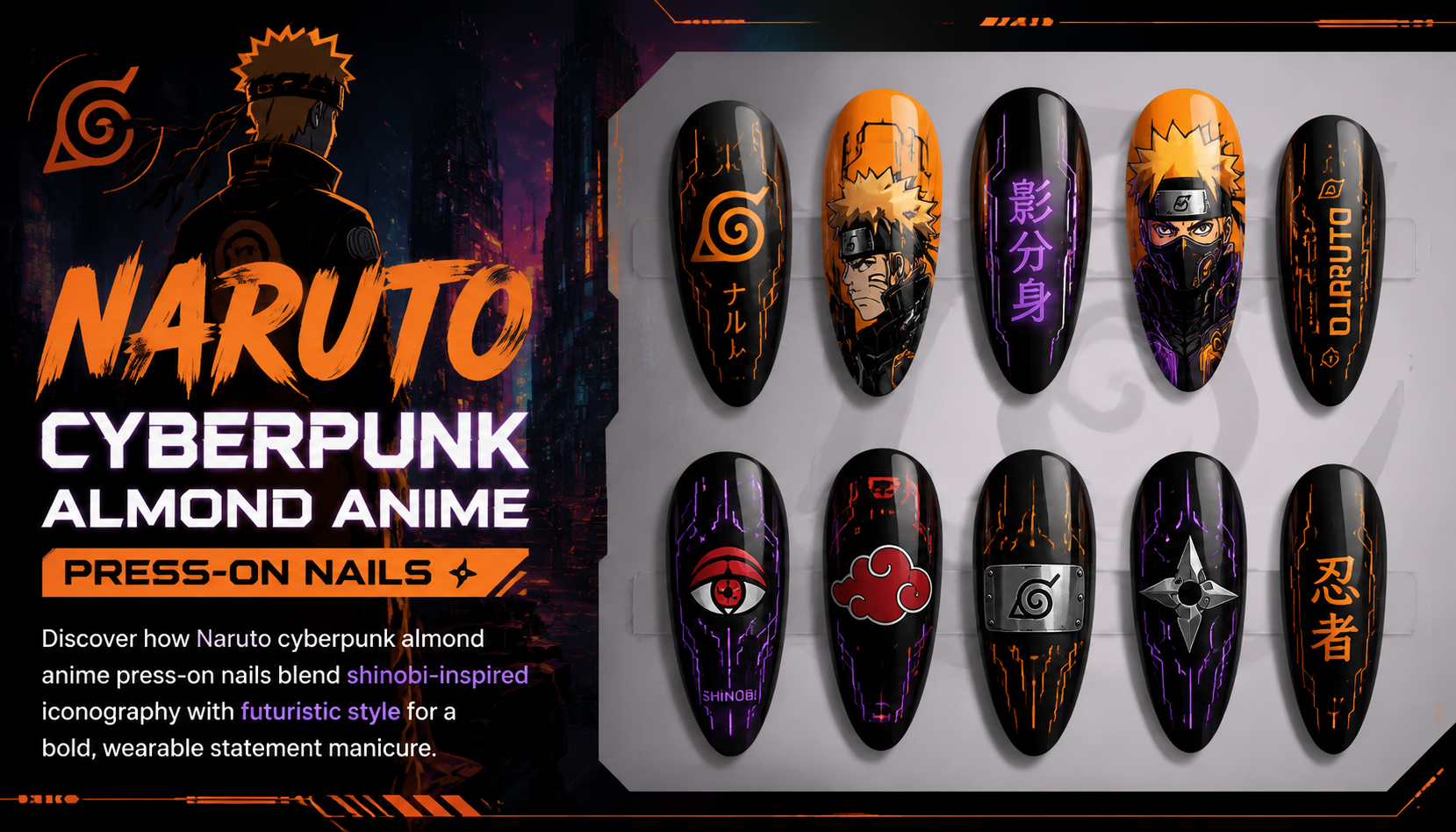 Naruto Cyberpunk Almond Anime Press-On Nails