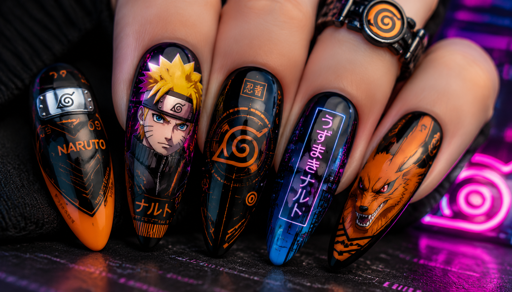 Detailed close-up showing the intricate hand-painted art of Naruto Cyberpunk Almond Anime Press-On Nails