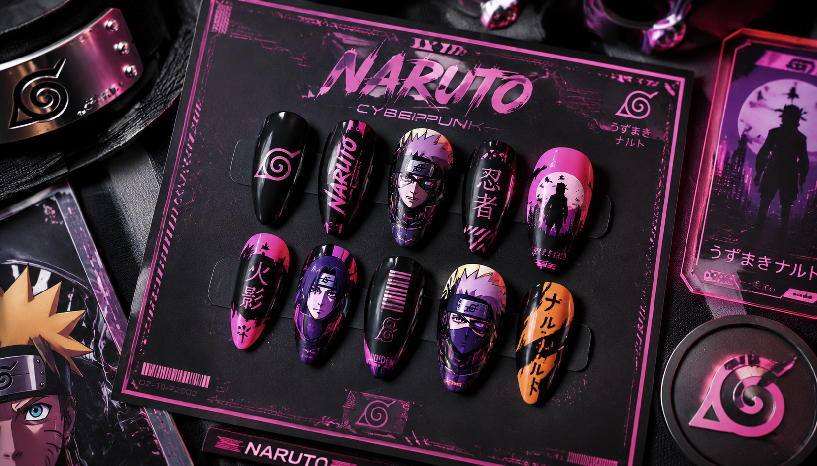 Styling look of Naruto Cyberpunk Almond Anime Press-On Nails on hands matching modern anime fashion