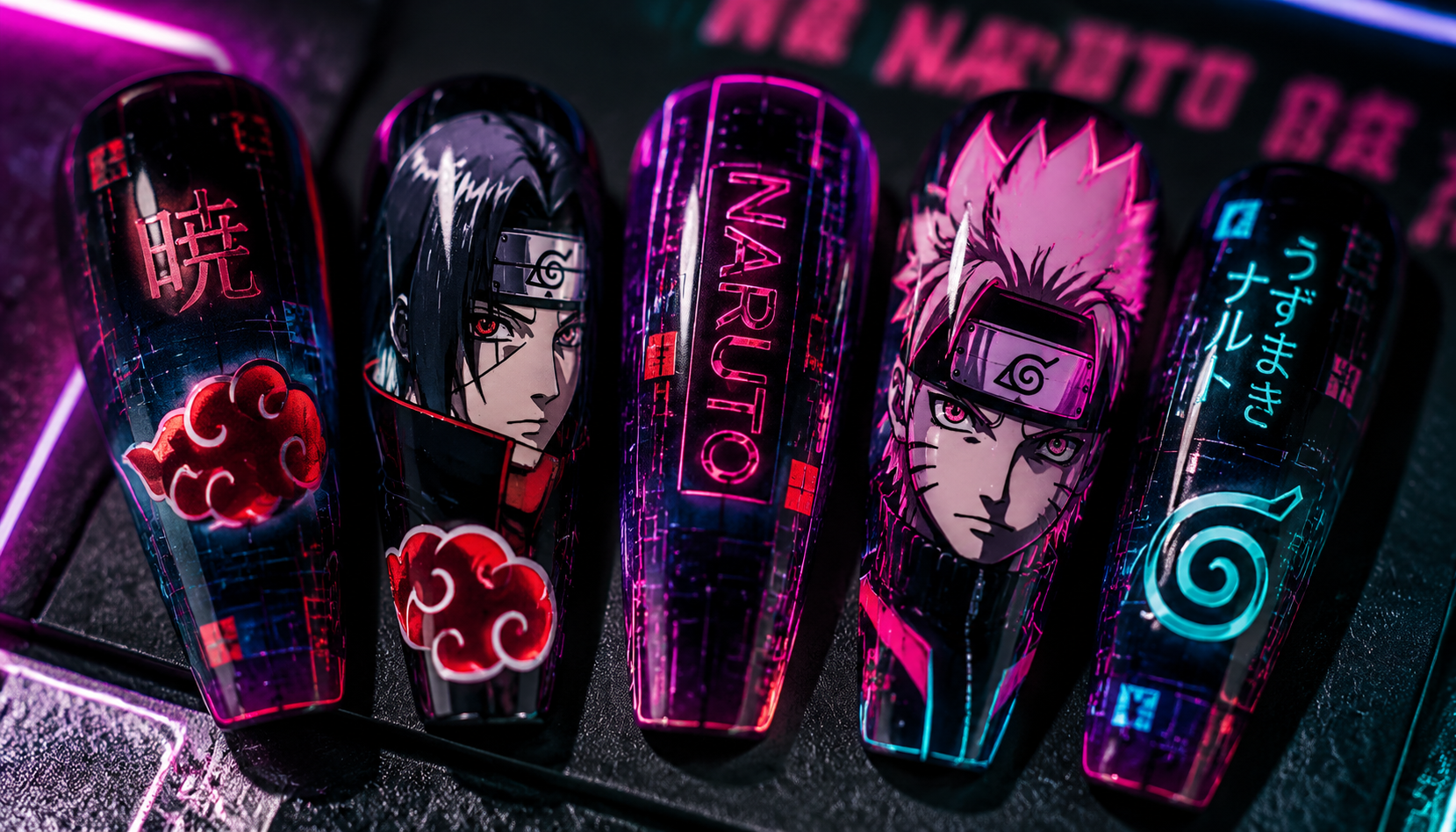 Detailed close-up showing the intricate hand-painted art of Naruto Cyberpunk Coffin Anime Press-On Nails