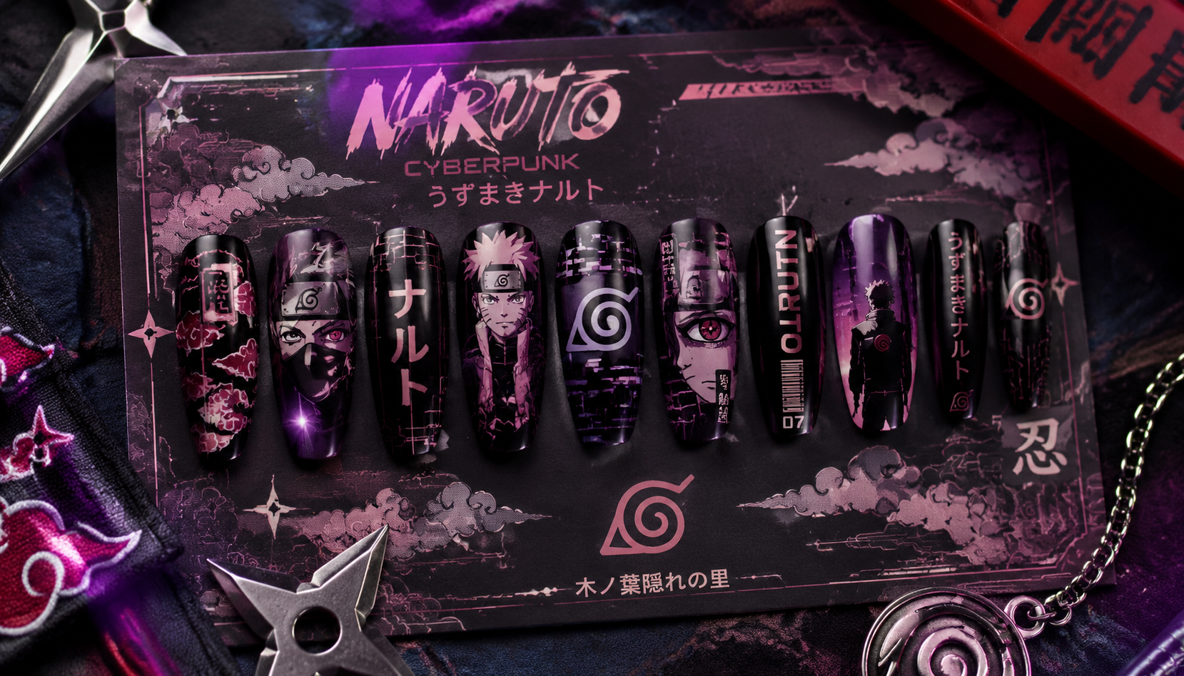 Styling look of Naruto Cyberpunk Coffin Anime Press-On Nails on hands matching modern anime fashion