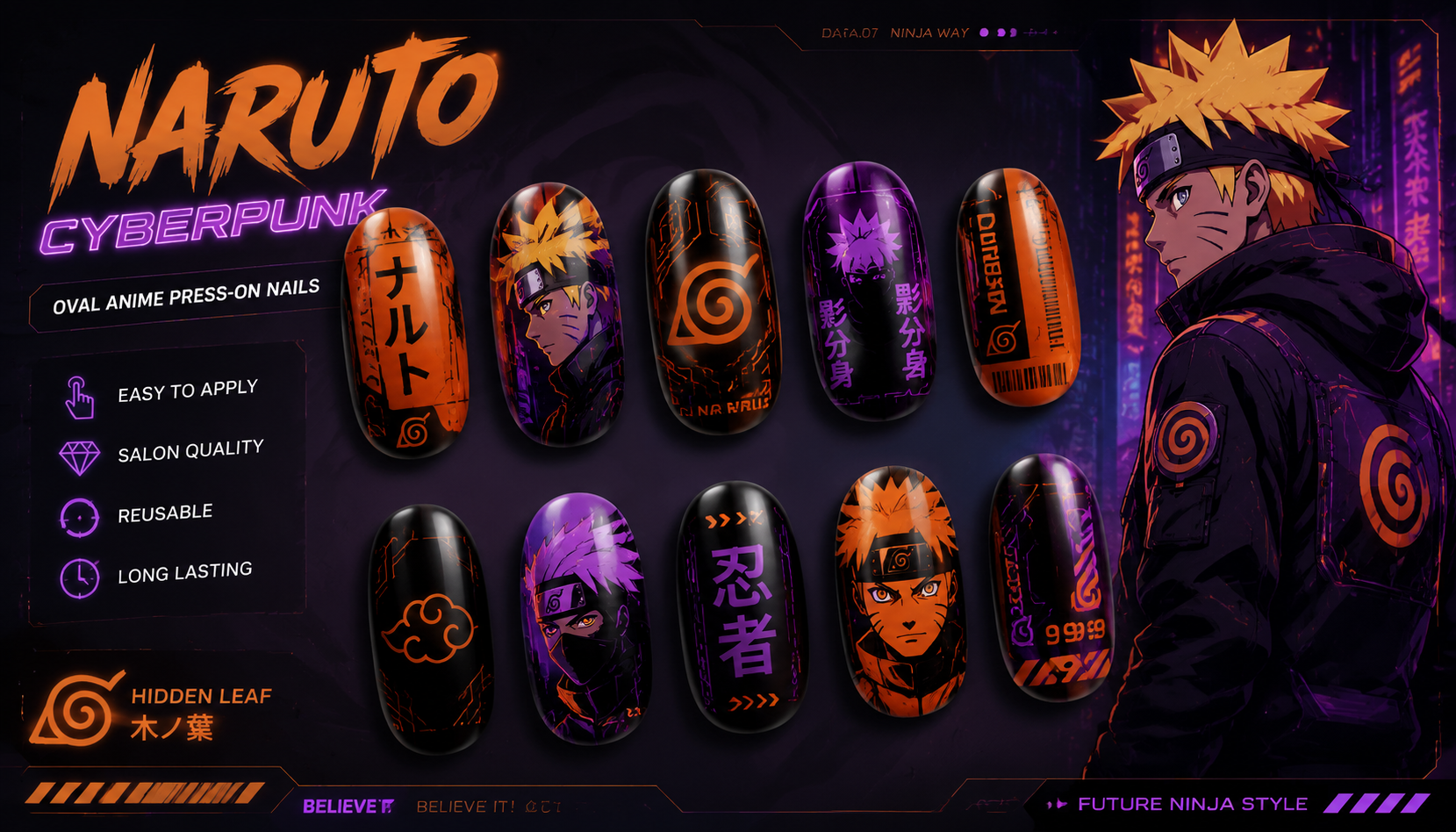 Naruto Cyberpunk Oval Anime Press-On Nails