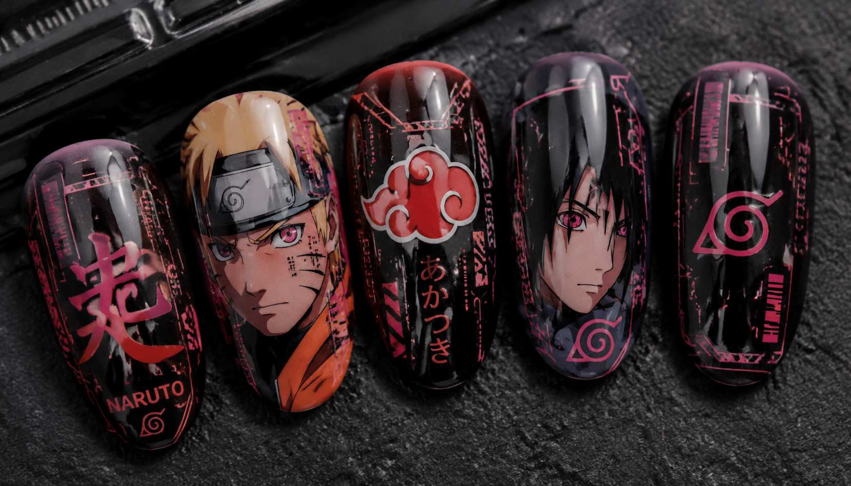 Detailed close-up showing the intricate hand-painted art of Naruto Cyberpunk Oval Anime Press-On Nails
