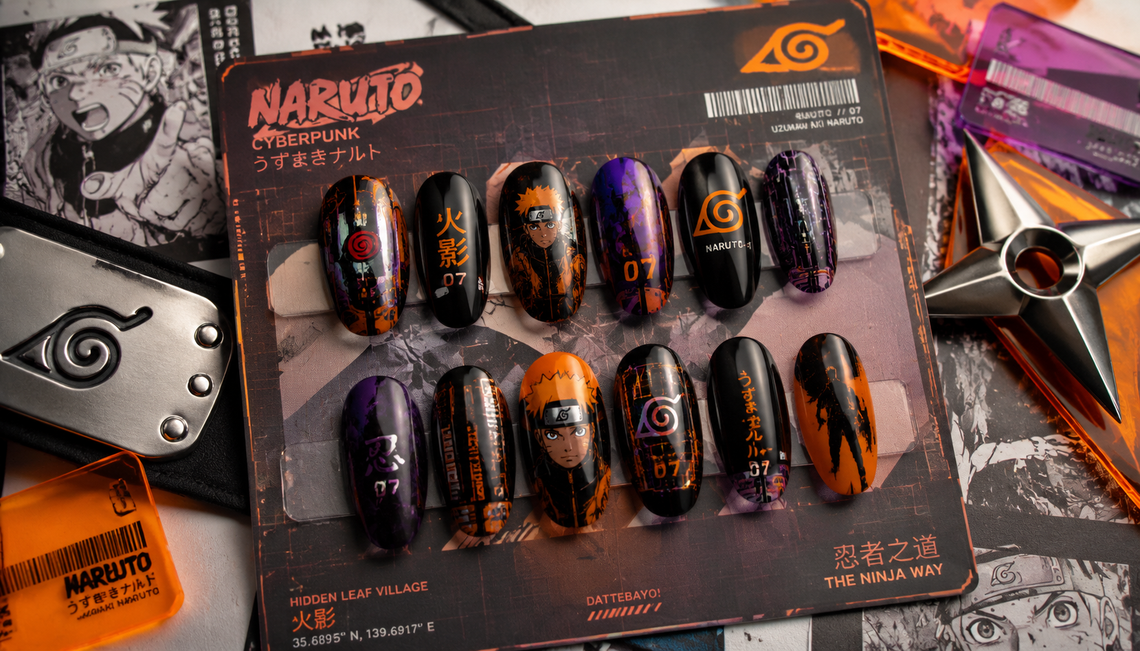 Styling look of Naruto Cyberpunk Oval Anime Press-On Nails on hands matching modern anime fashion