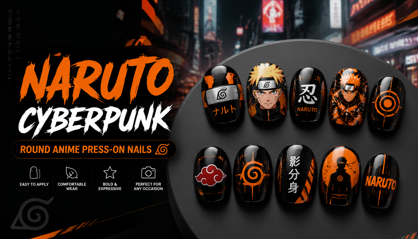 Naruto Cyberpunk Round Anime Press-On Nails