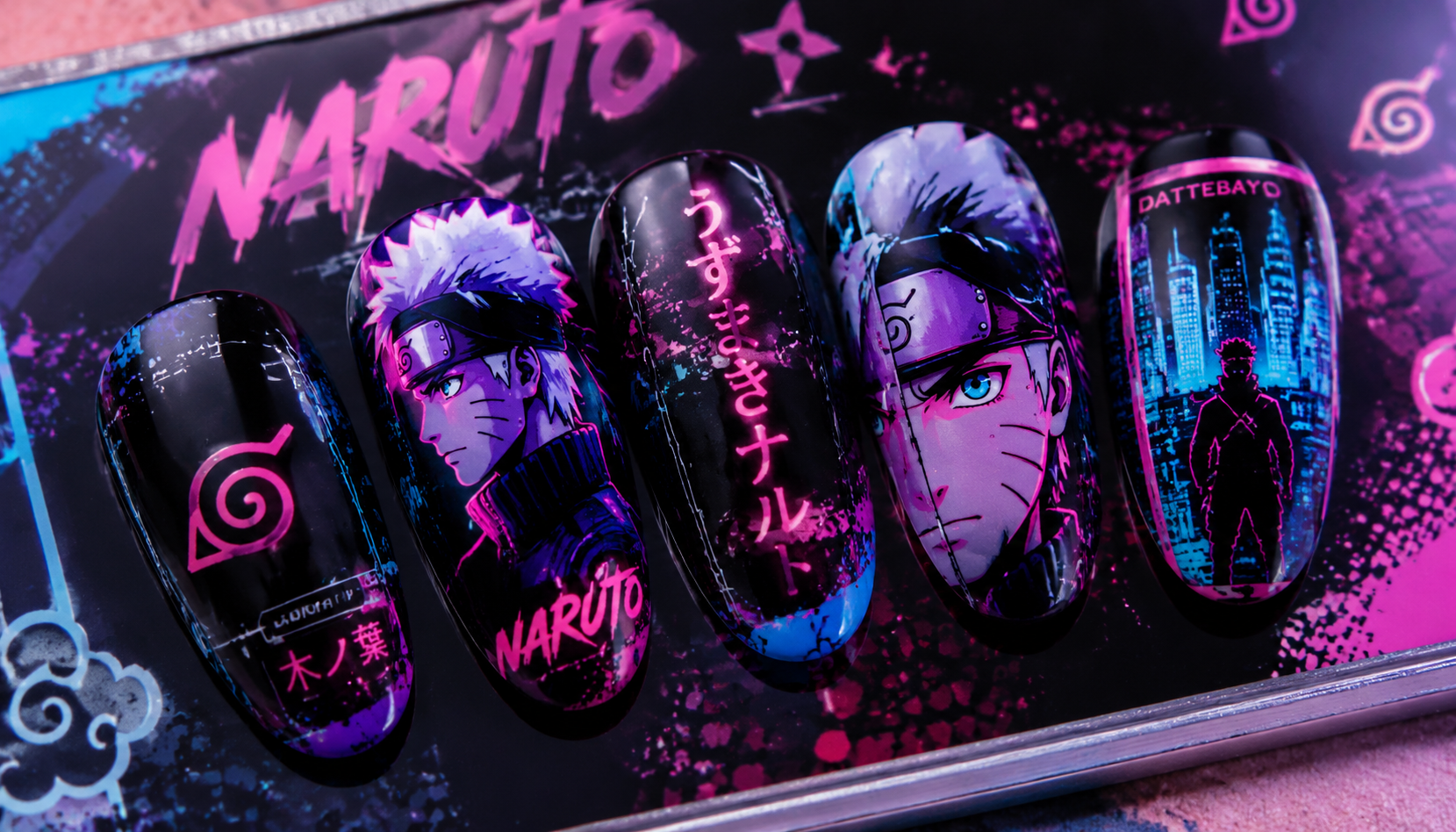 Detailed close-up showing the intricate hand-painted art of Naruto Cyberpunk Round Anime Press-On Nails