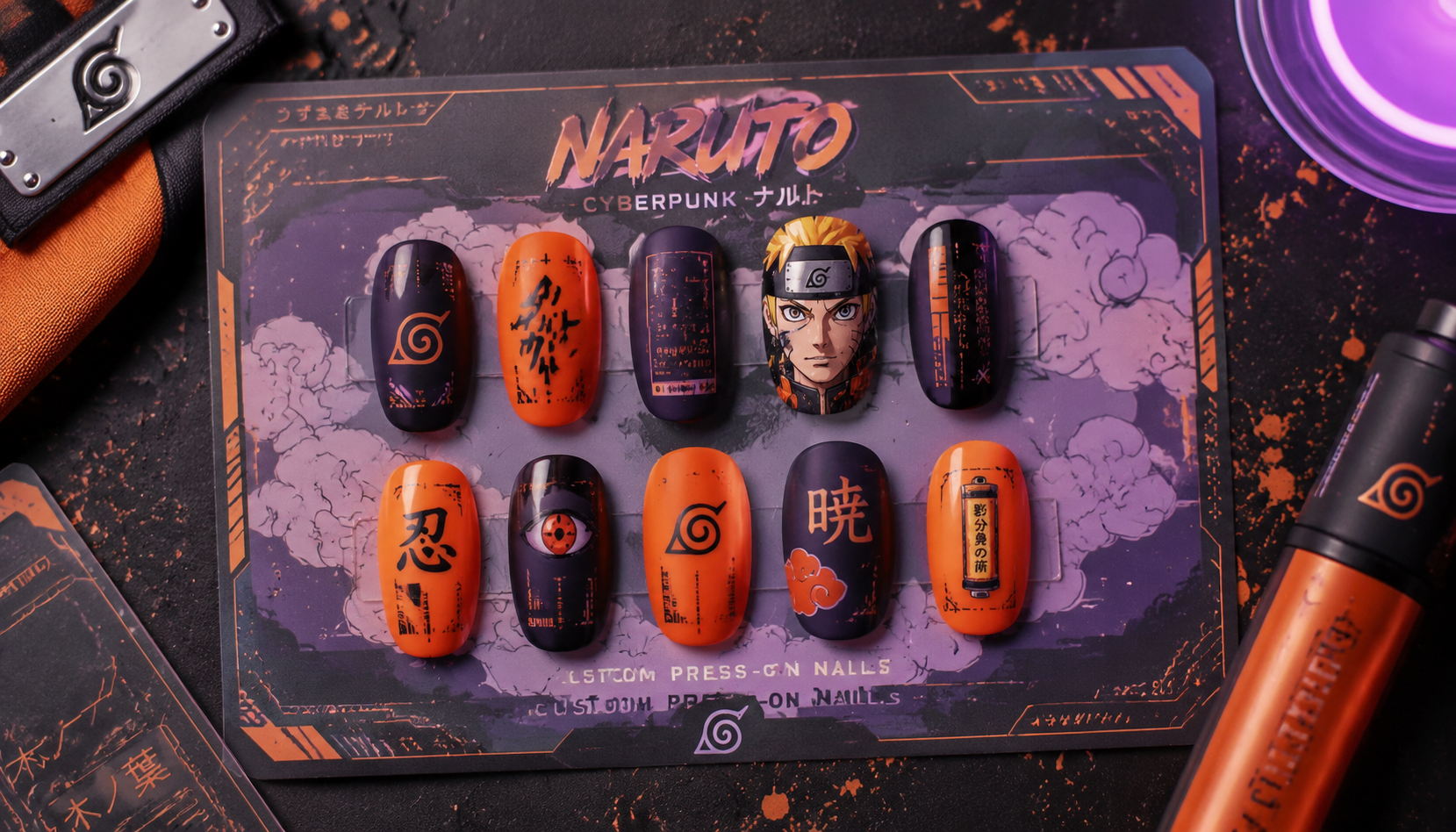 Styling look of Naruto Cyberpunk Round Anime Press-On Nails on hands matching modern anime fashion