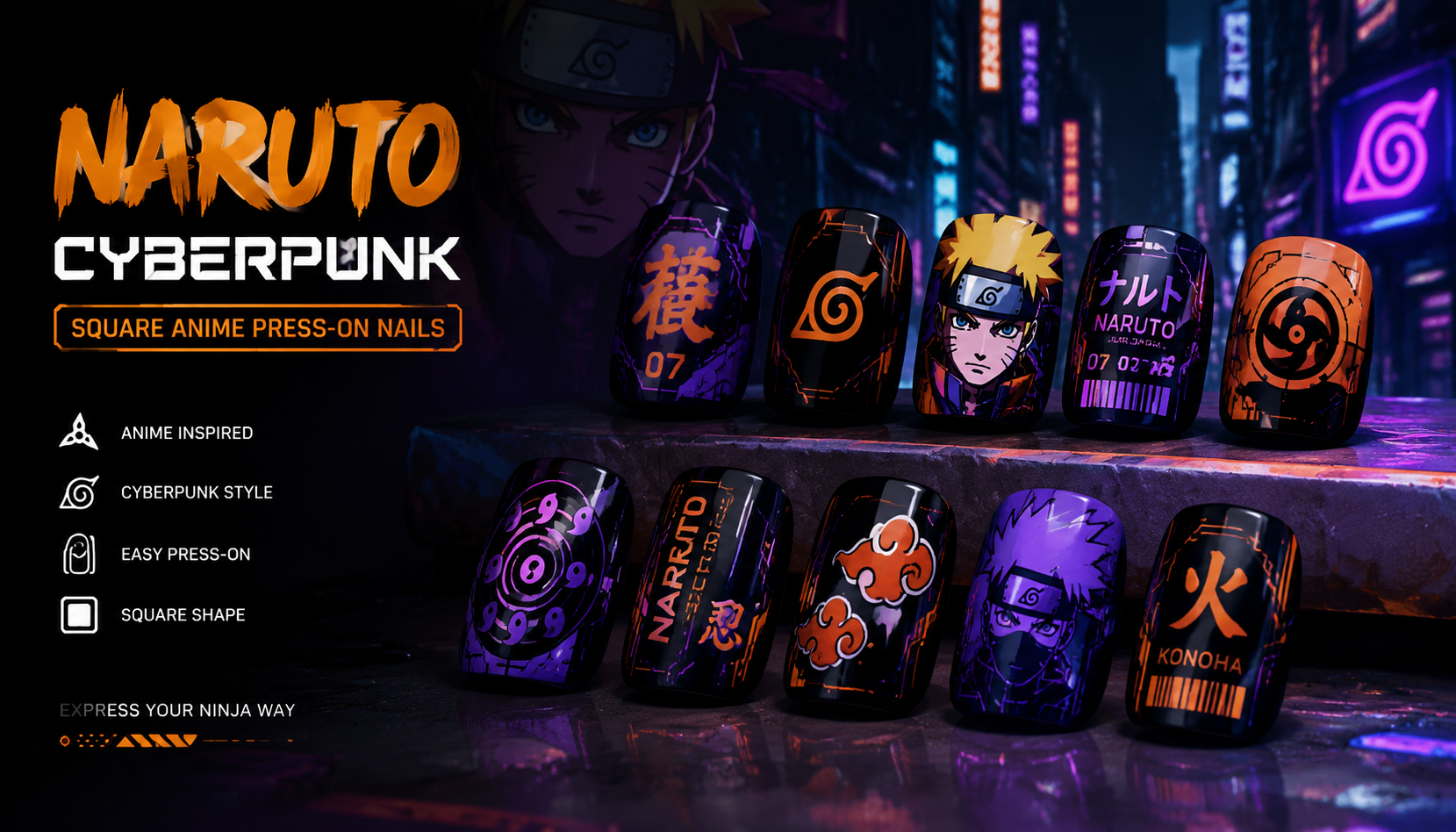 Naruto Cyberpunk Square Anime Press-On Nails