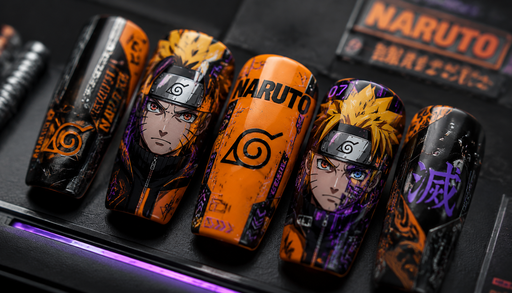 Detailed close-up showing the intricate hand-painted art of Naruto Cyberpunk Square Anime Press-On Nails