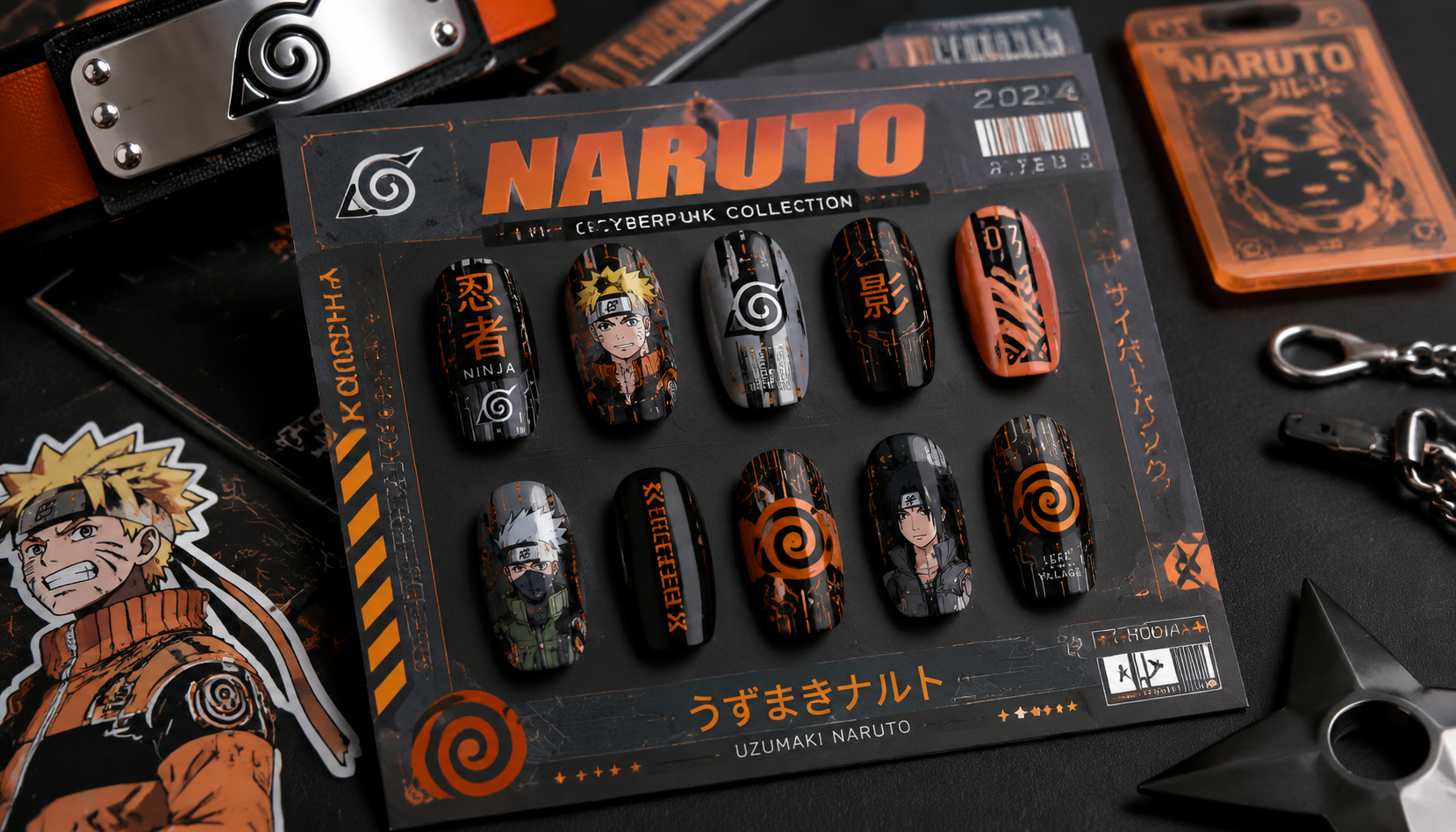 Styling look of Naruto Cyberpunk Square Anime Press-On Nails on hands matching modern anime fashion
