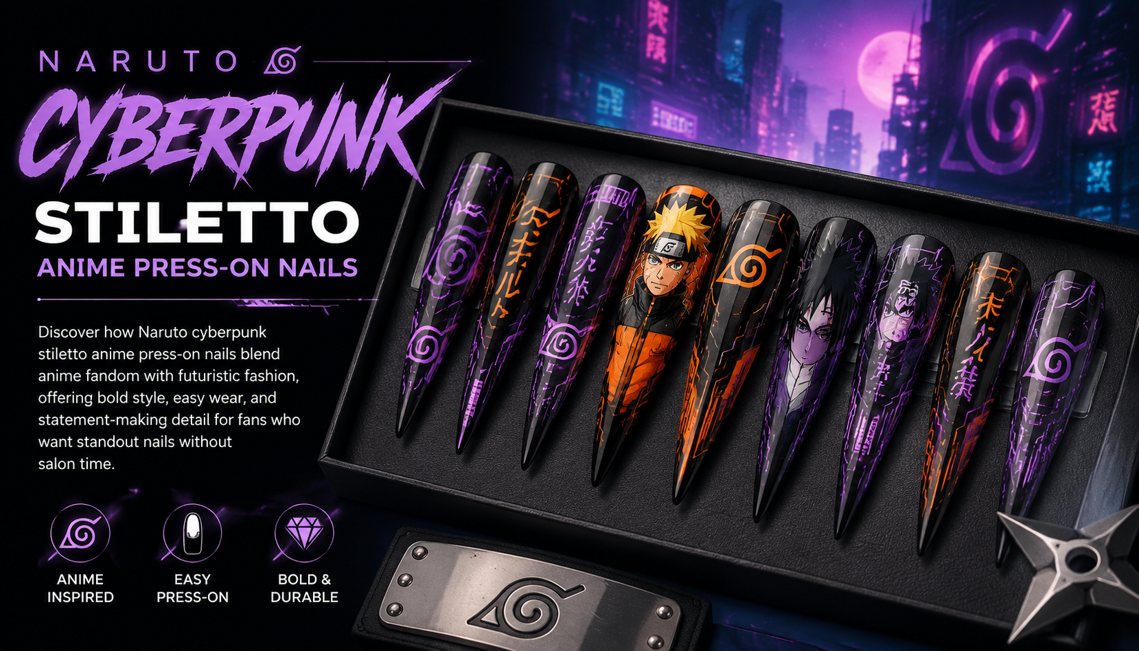 Naruto Cyberpunk Stiletto Anime Press-On Nails