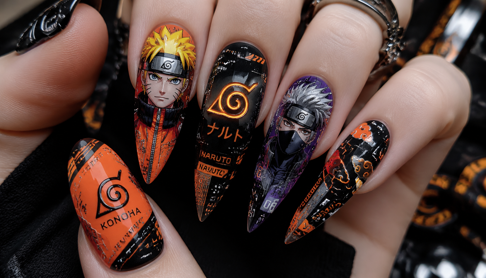 Detailed close-up showing the intricate hand-painted art of Naruto Cyberpunk Stiletto Anime Press-On Nails