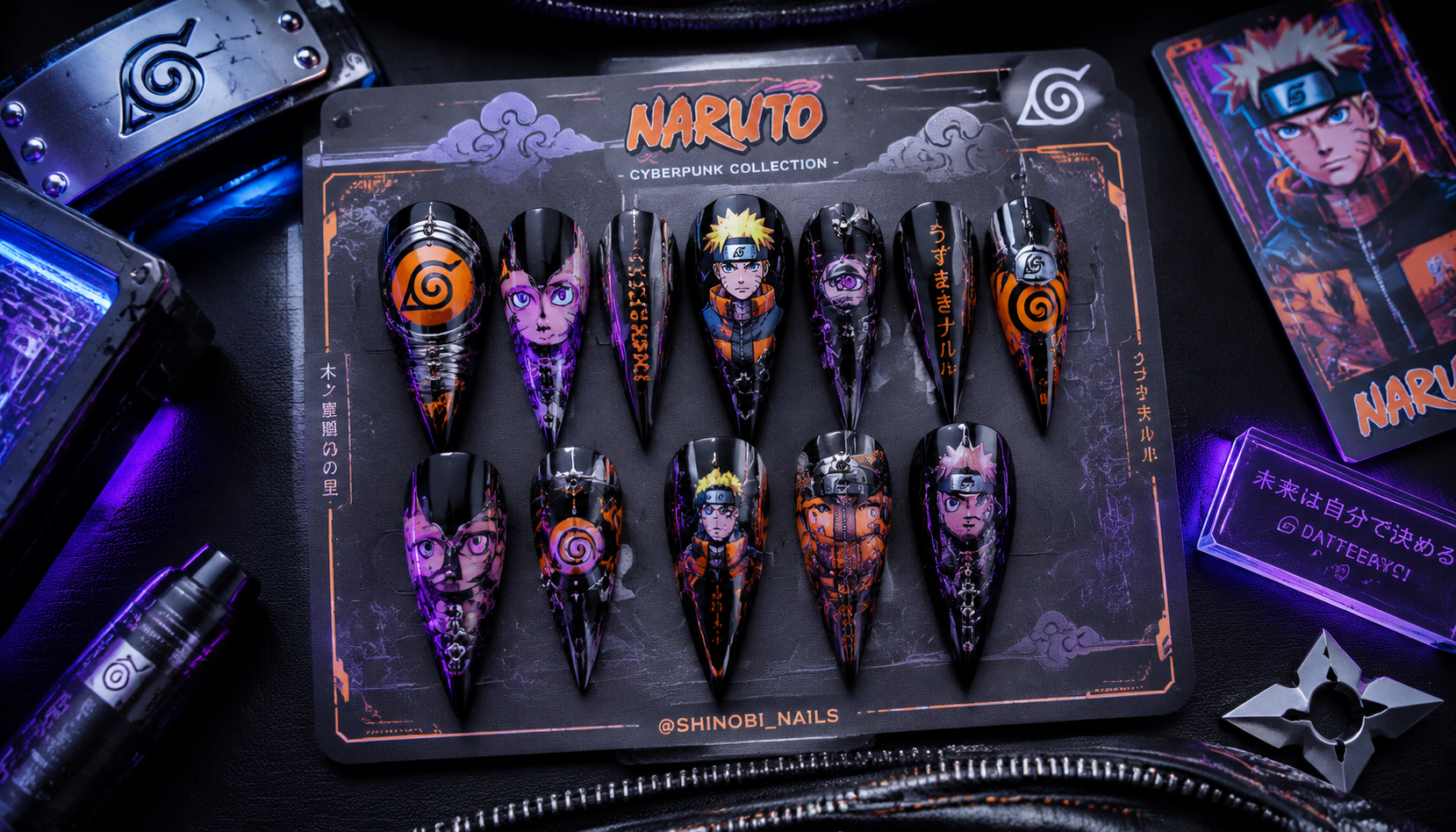 Styling look of Naruto Cyberpunk Stiletto Anime Press-On Nails on hands matching modern anime fashion