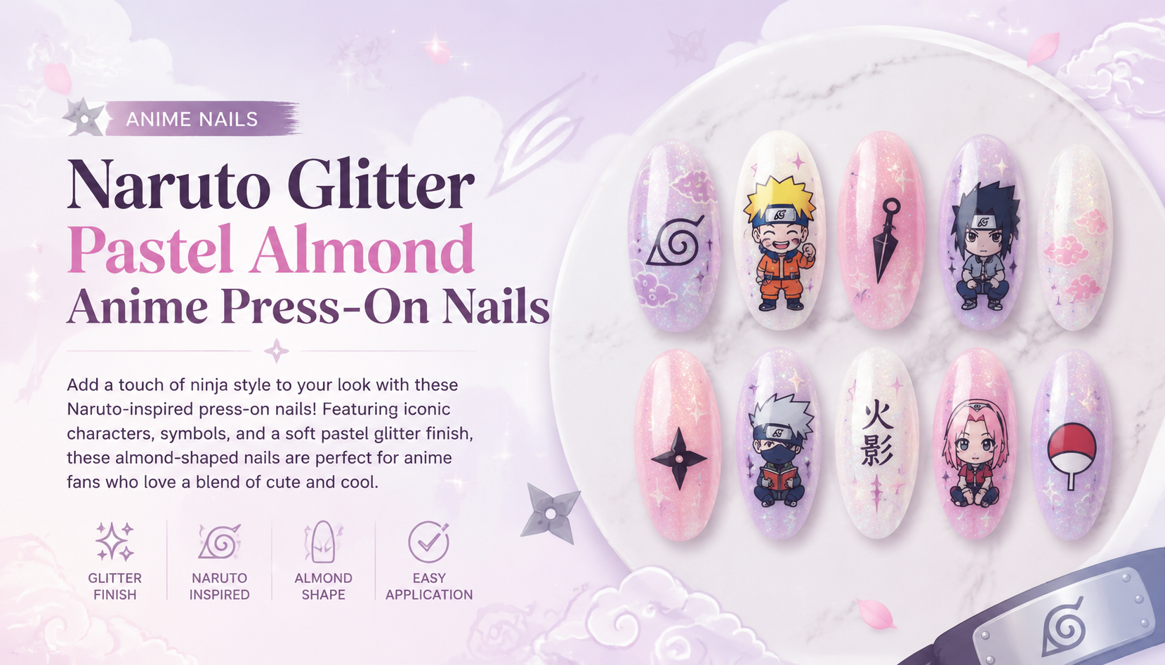 Naruto Glitter Pastel Almond Anime Press-On Nails