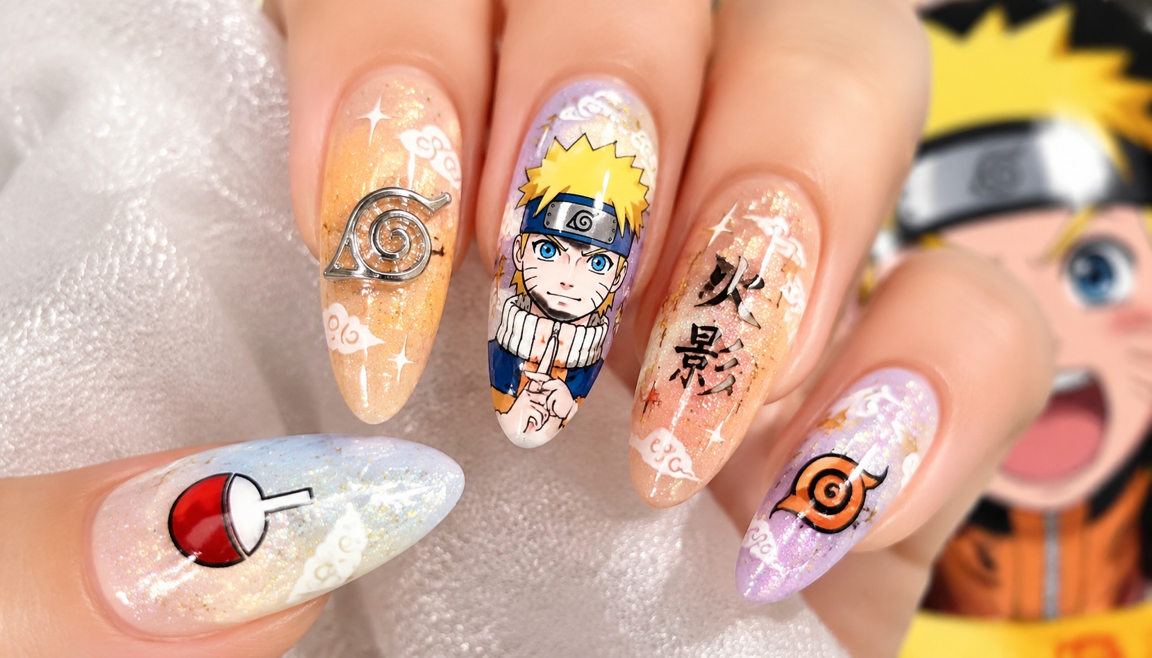 Detailed close-up showing the intricate hand-painted art of Naruto Glitter Pastel Almond Anime Press-On Nails