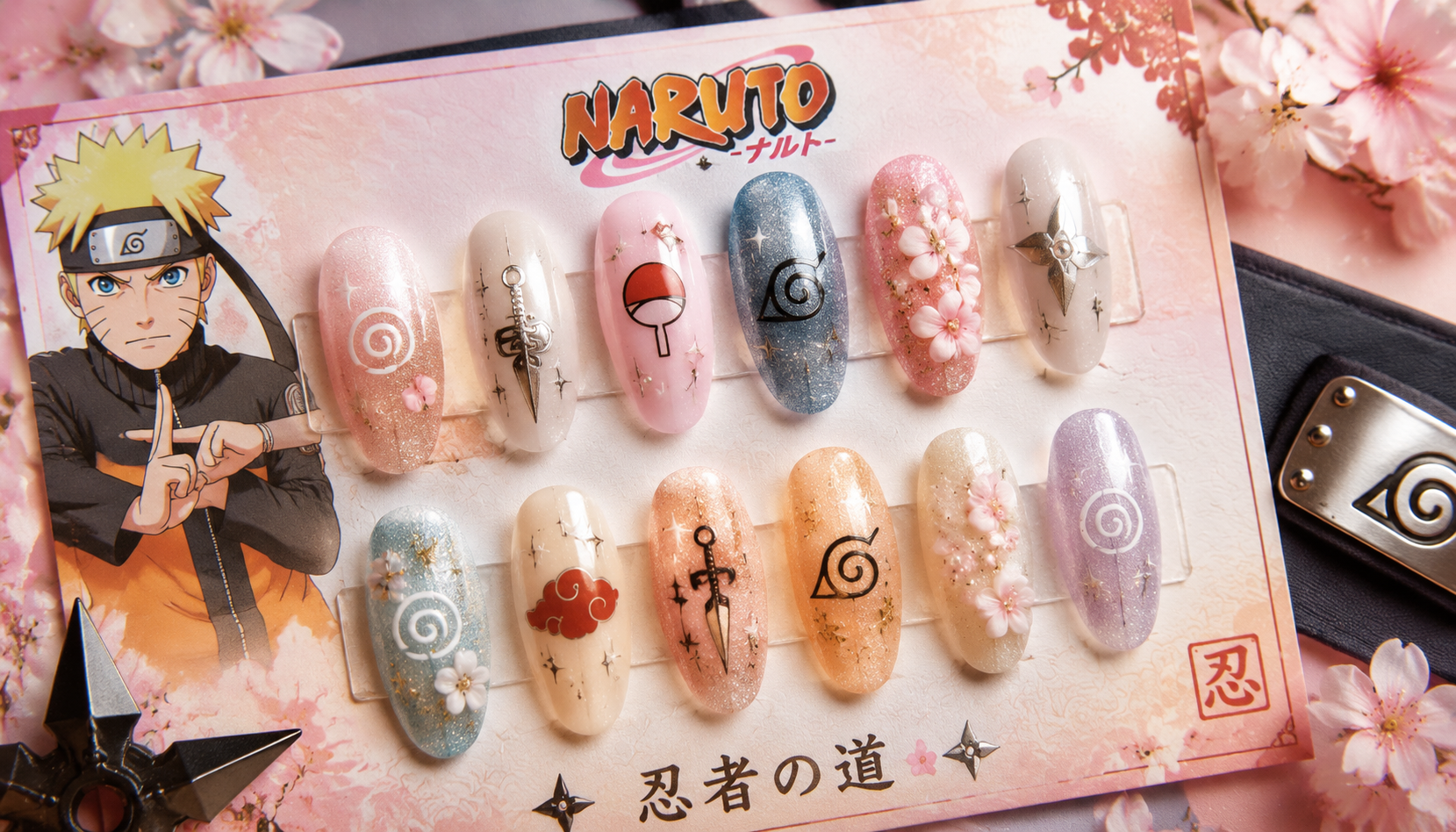 Styling look of Naruto Glitter Pastel Almond Anime Press-On Nails on hands matching modern anime fashion