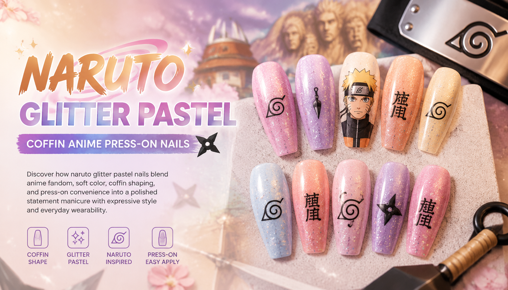 Naruto Glitter Pastel Coffin Anime Press-On Nails