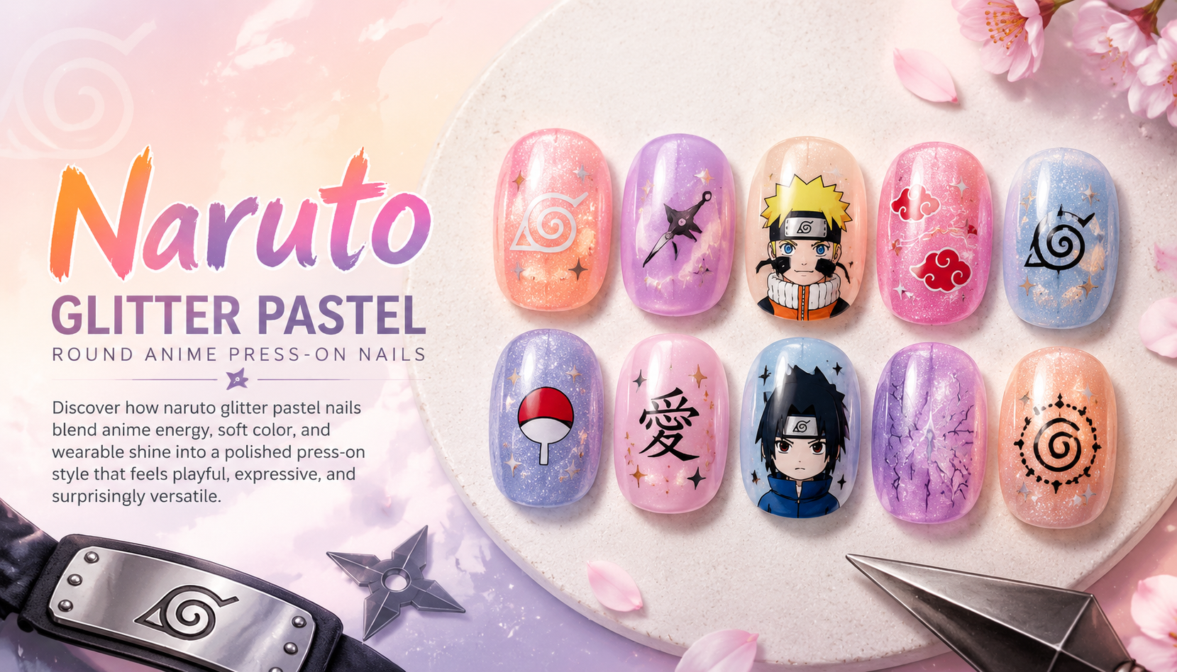 Naruto Glitter Pastel Round Anime Press-On Nails