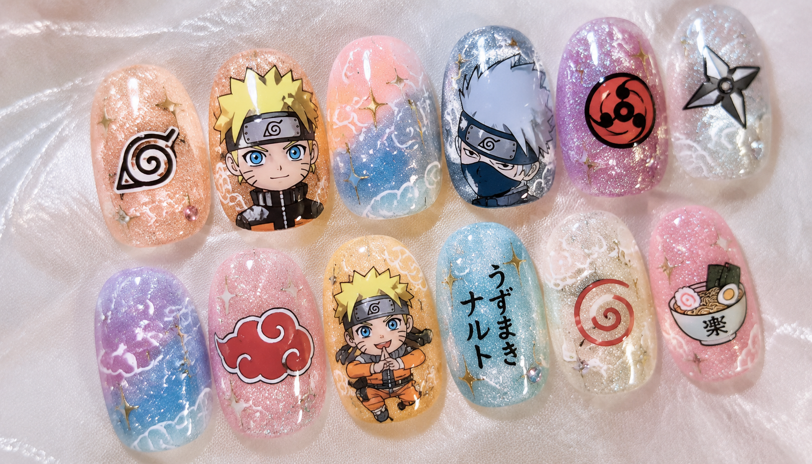 Detailed close-up showing the intricate hand-painted art of Naruto Glitter Pastel Round Anime Press-On Nails