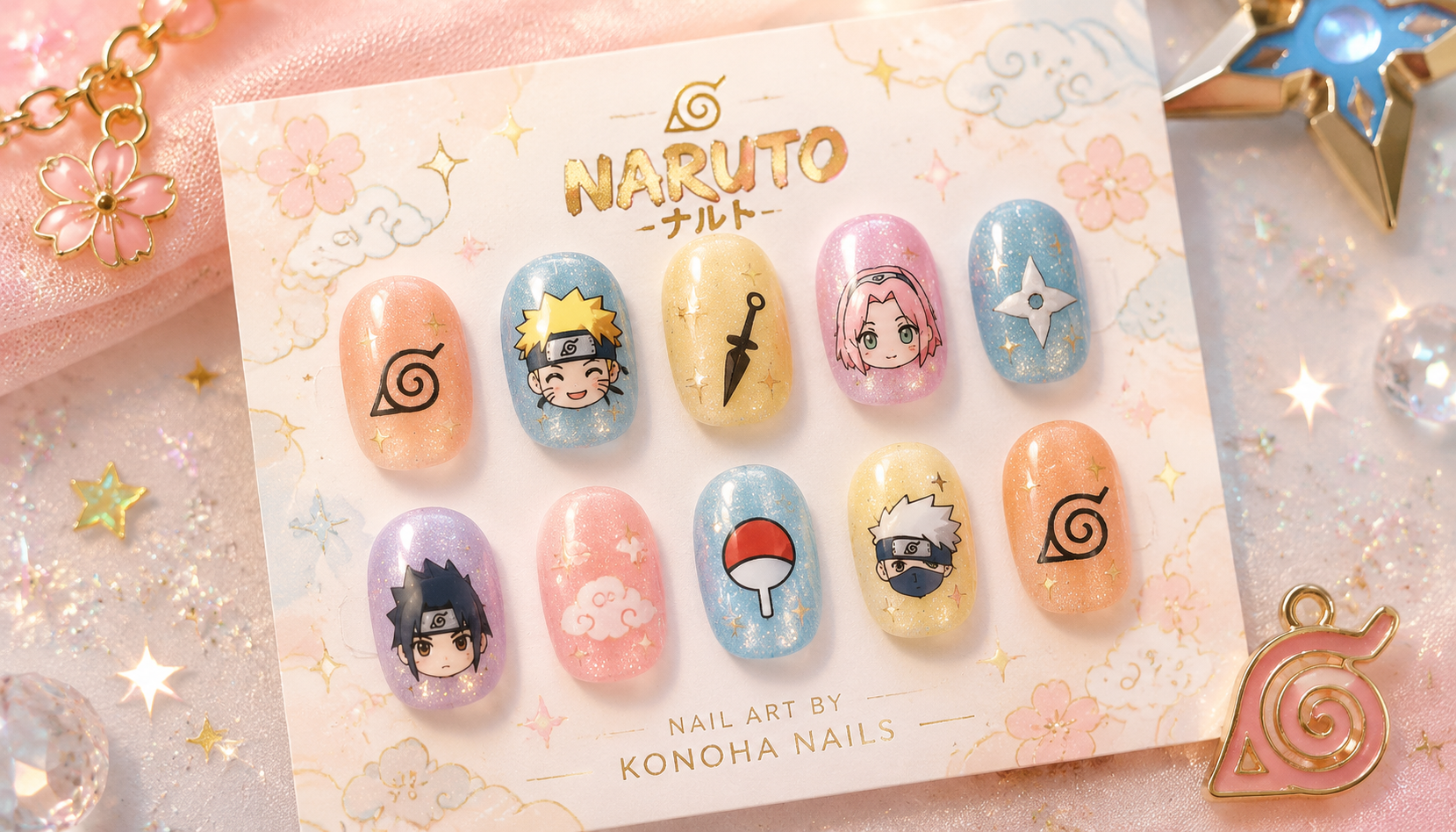 Styling look of Naruto Glitter Pastel Round Anime Press-On Nails on hands matching modern anime fashion