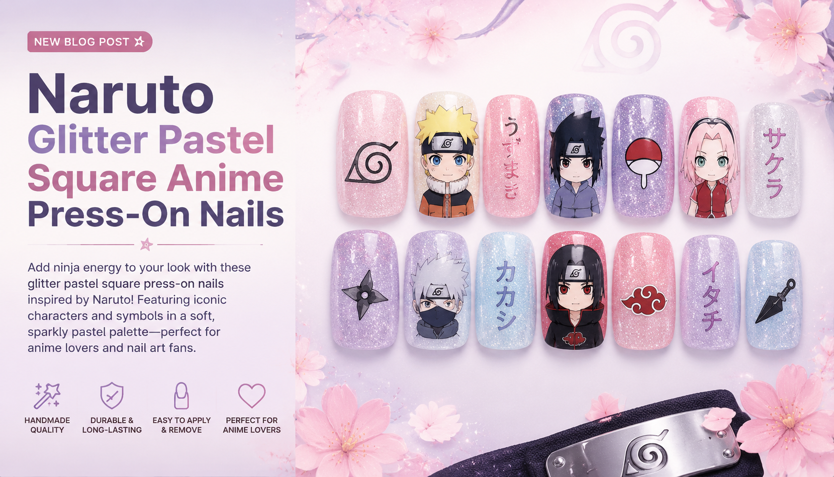 Naruto Glitter Pastel Square Anime Press-On Nails