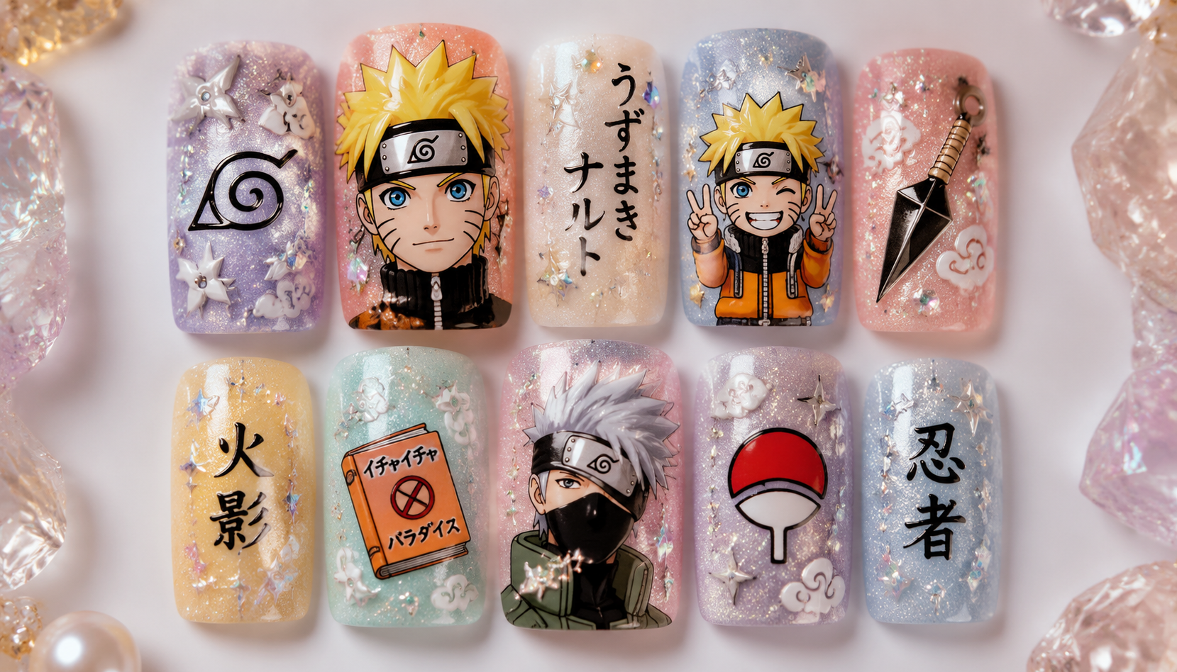 Detailed close-up showing the intricate hand-painted art of Naruto Glitter Pastel Square Anime Press-On Nails