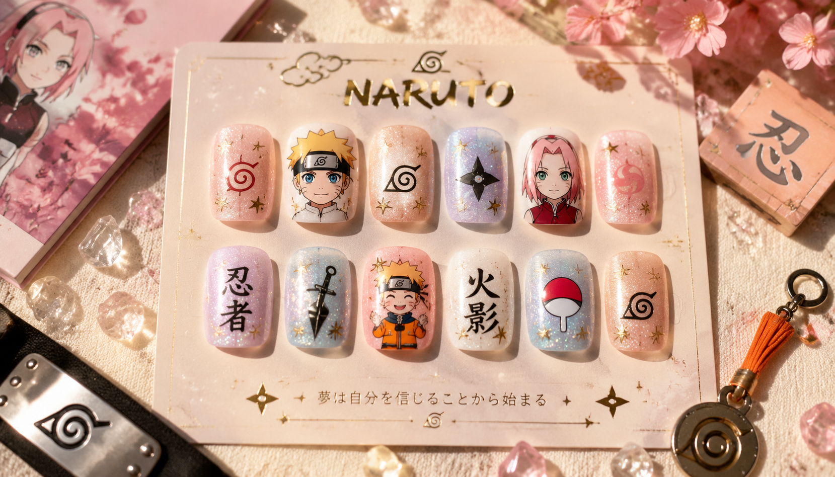 Styling look of Naruto Glitter Pastel Square Anime Press-On Nails on hands matching modern anime fashion