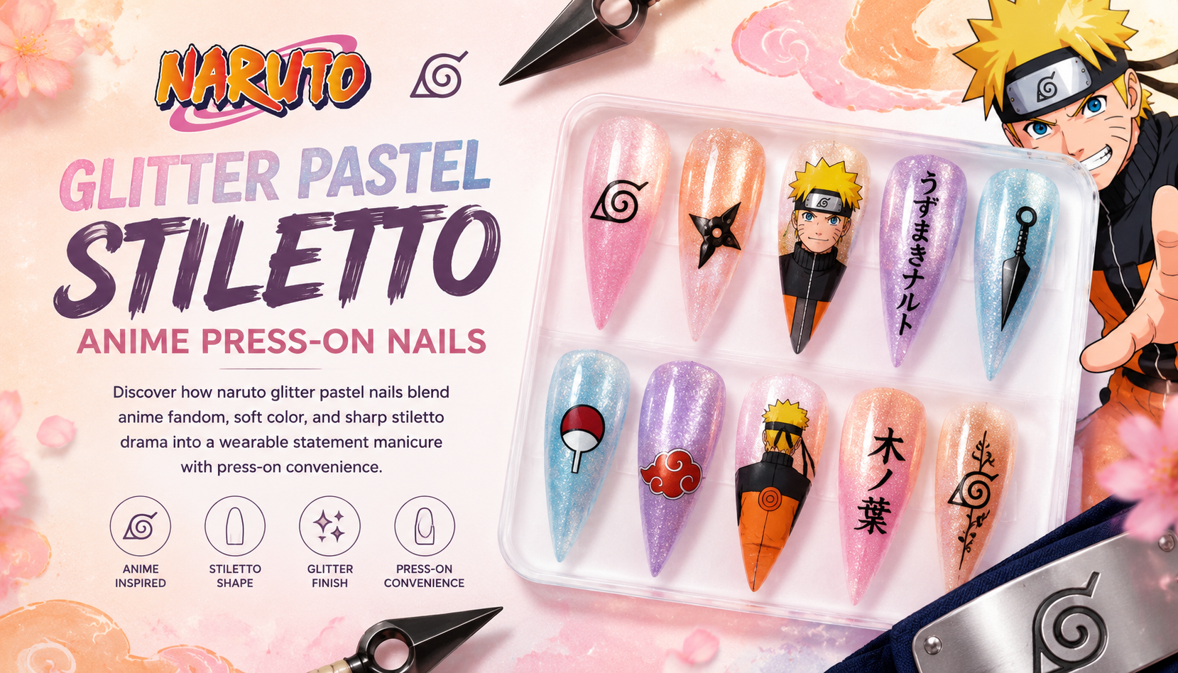 Naruto Glitter Pastel Stiletto Anime Press-On Nails