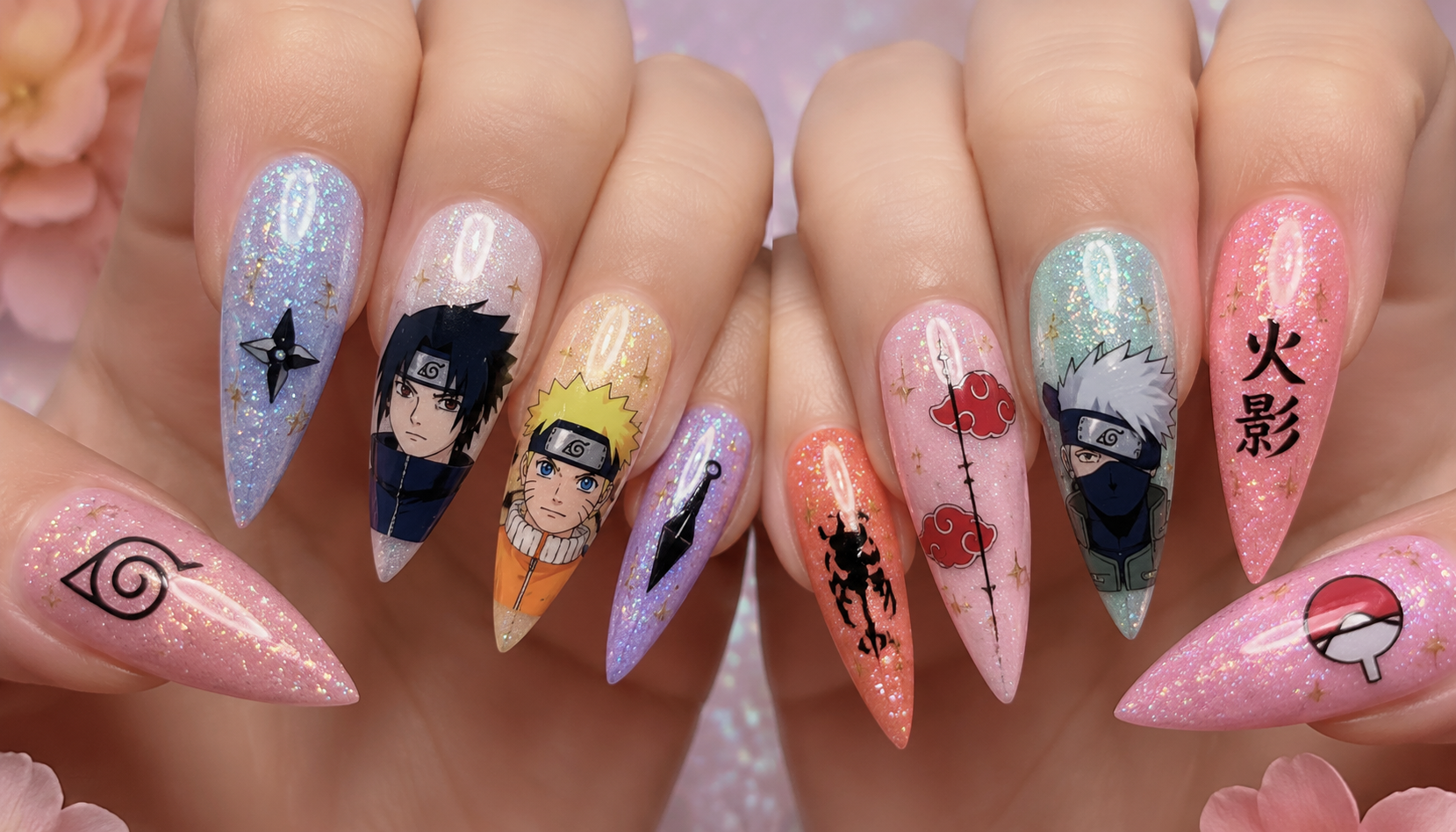 Detailed close-up showing the intricate hand-painted art of Naruto Glitter Pastel Stiletto Anime Press-On Nails