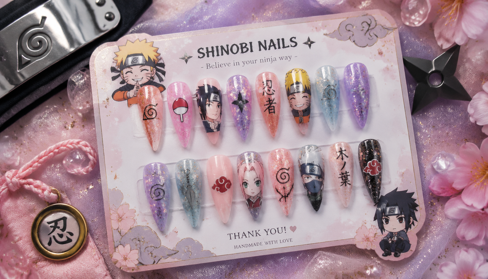 Styling look of Naruto Glitter Pastel Stiletto Anime Press-On Nails on hands matching modern anime fashion