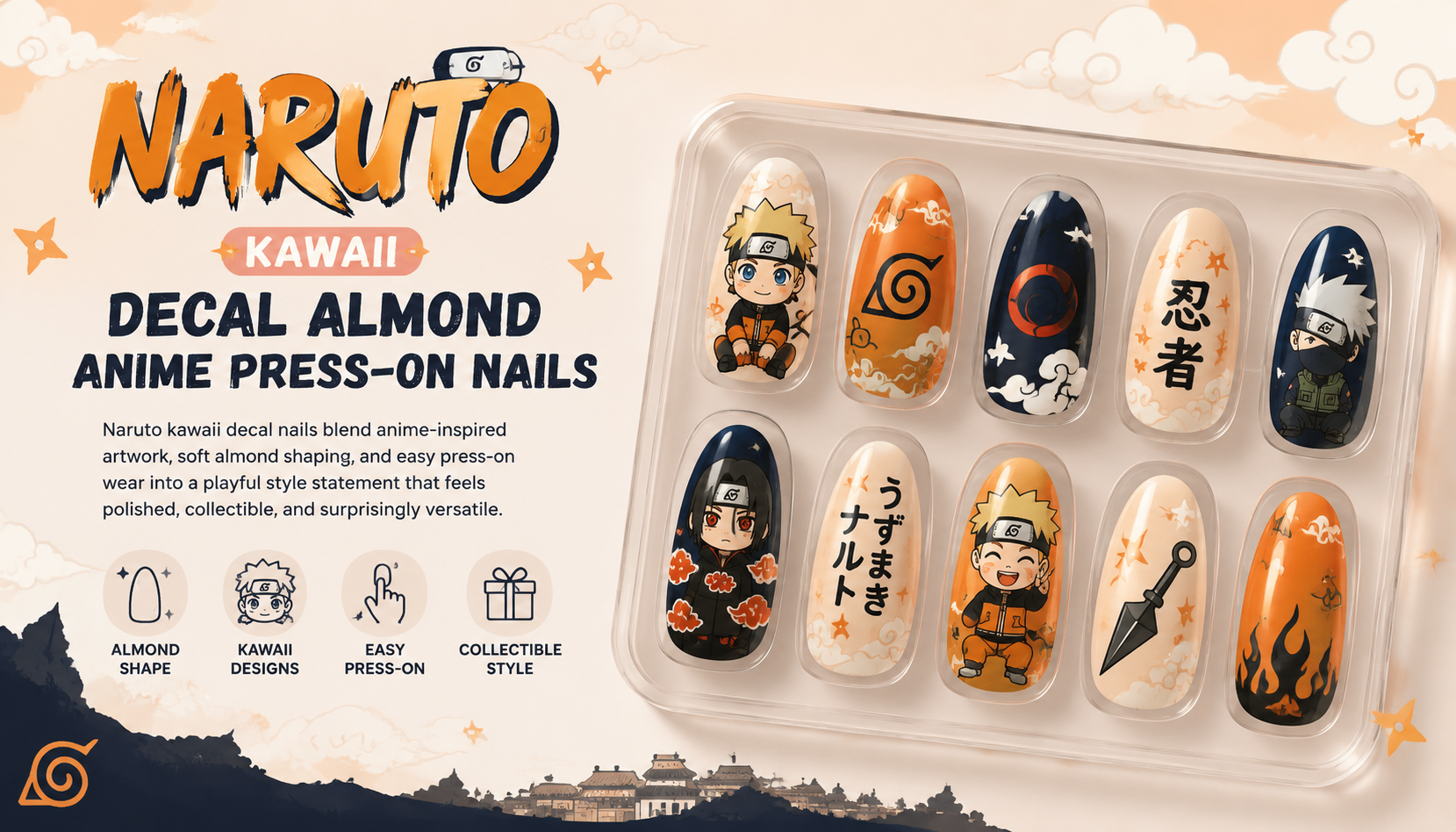 Naruto Kawaii Decal Almond Anime Press-On Nails