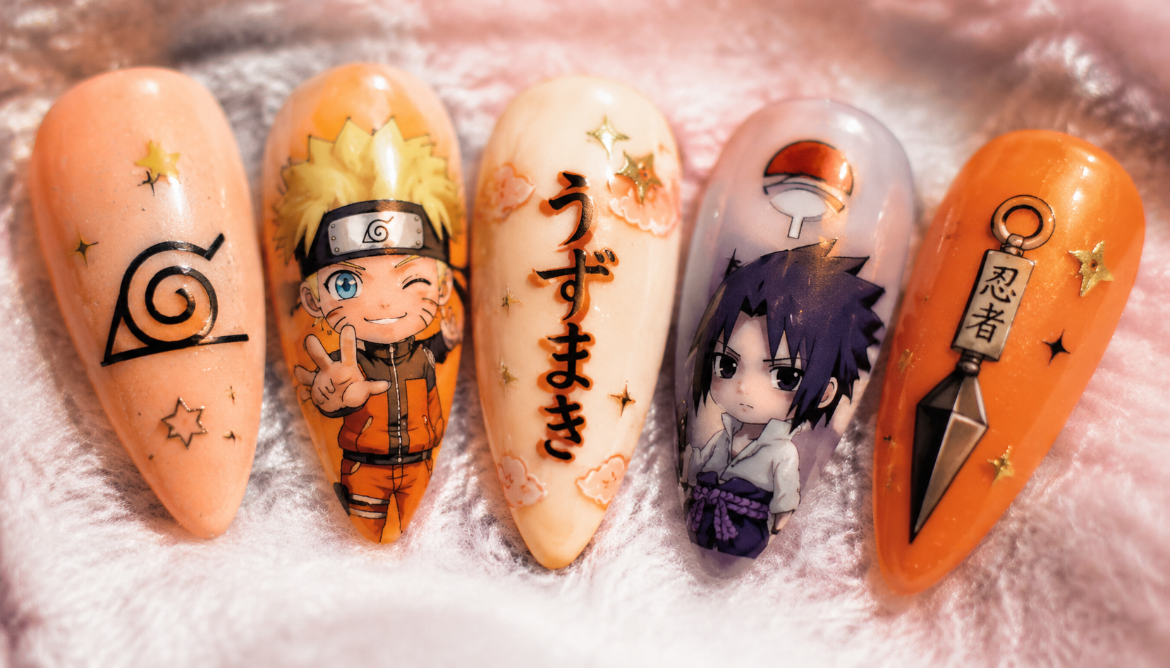 Detailed close-up showing the intricate hand-painted art of Naruto Kawaii Decal Almond Anime Press-On Nails