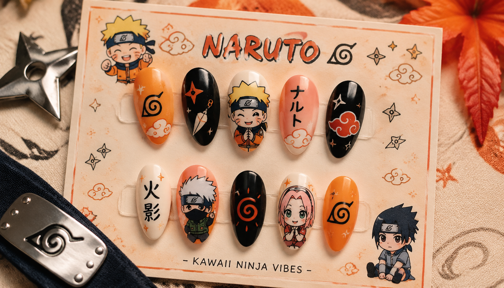 Styling look of Naruto Kawaii Decal Almond Anime Press-On Nails on hands matching modern anime fashion