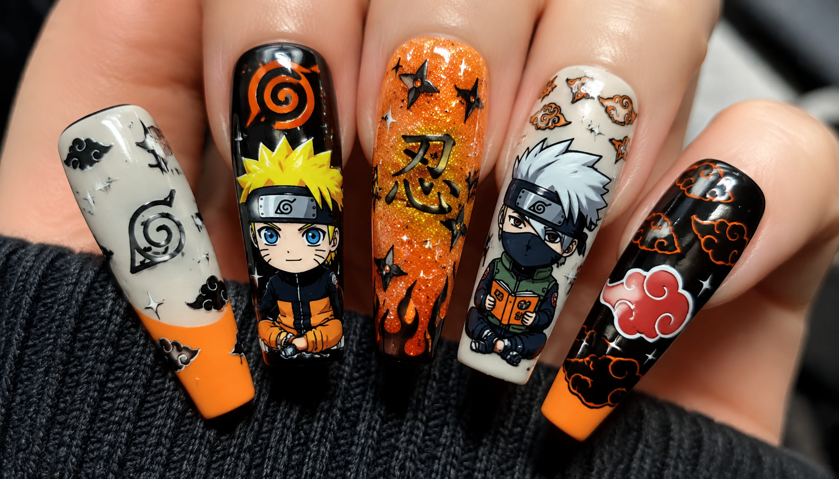 Detailed close-up showing the intricate hand-painted art of Naruto Kawaii Decal Coffin Anime Press-On Nails