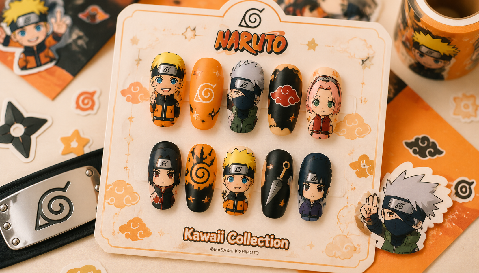 Styling look of Naruto Kawaii Decal Coffin Anime Press-On Nails on hands matching modern anime fashion