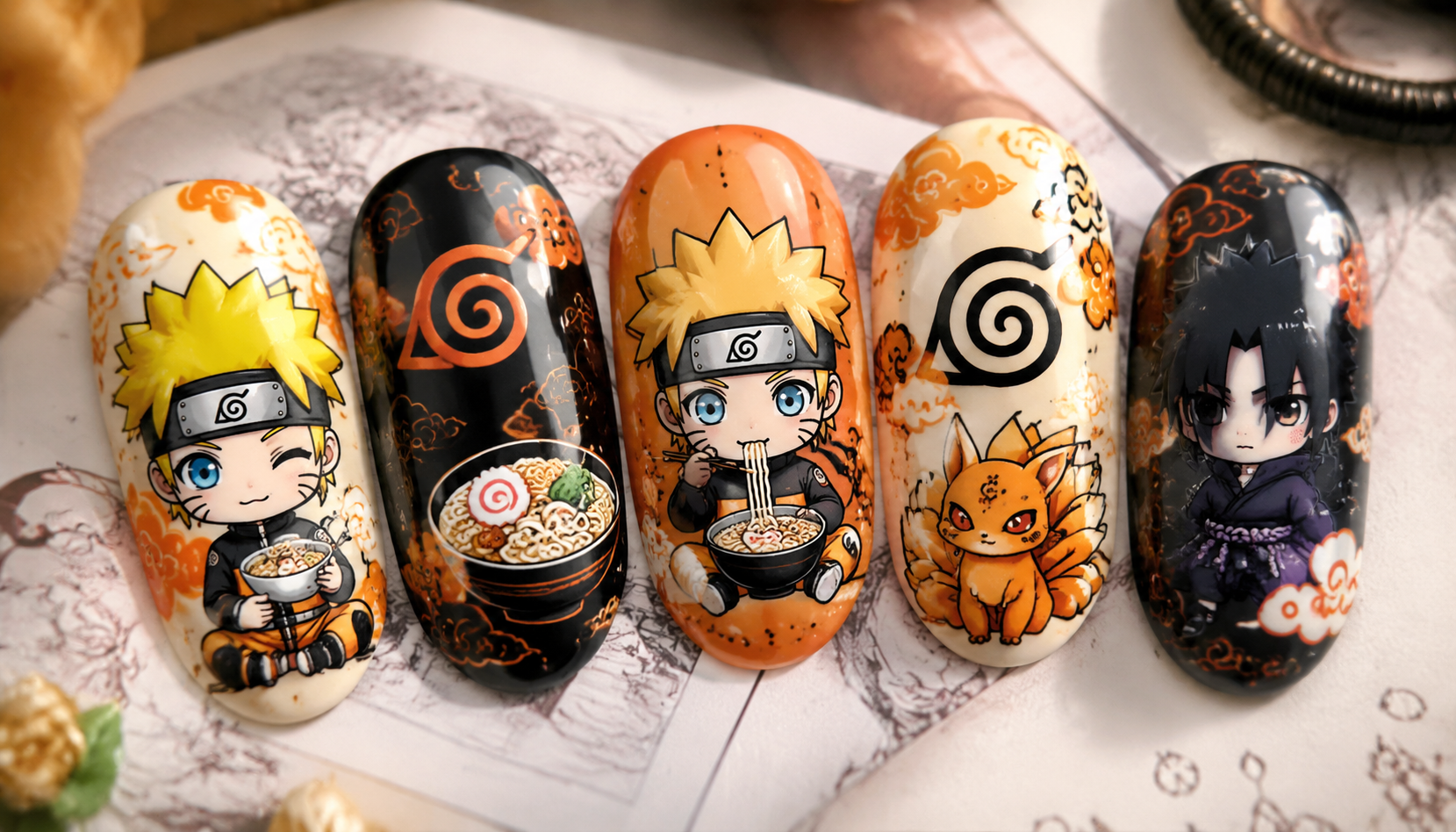 Detailed close-up showing the intricate hand-painted art of Naruto Kawaii Decal Oval Anime Press-On Nails