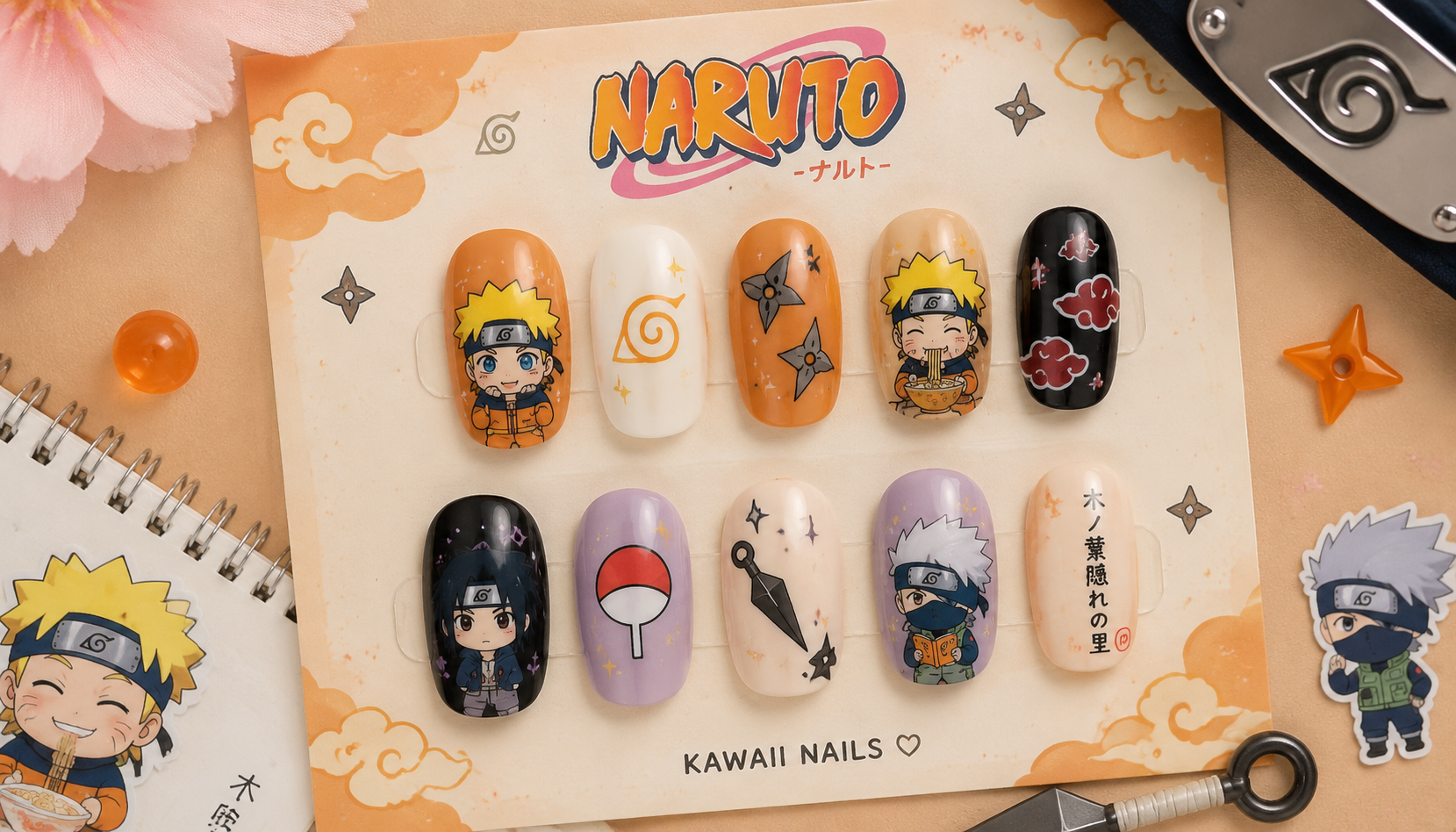 Styling look of Naruto Kawaii Decal Oval Anime Press-On Nails on hands matching modern anime fashion