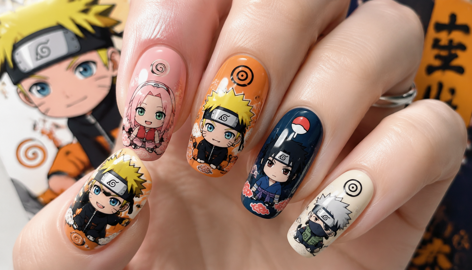 Detailed close-up showing the intricate hand-painted art of Naruto Kawaii Decal Round Anime Press-On Nails