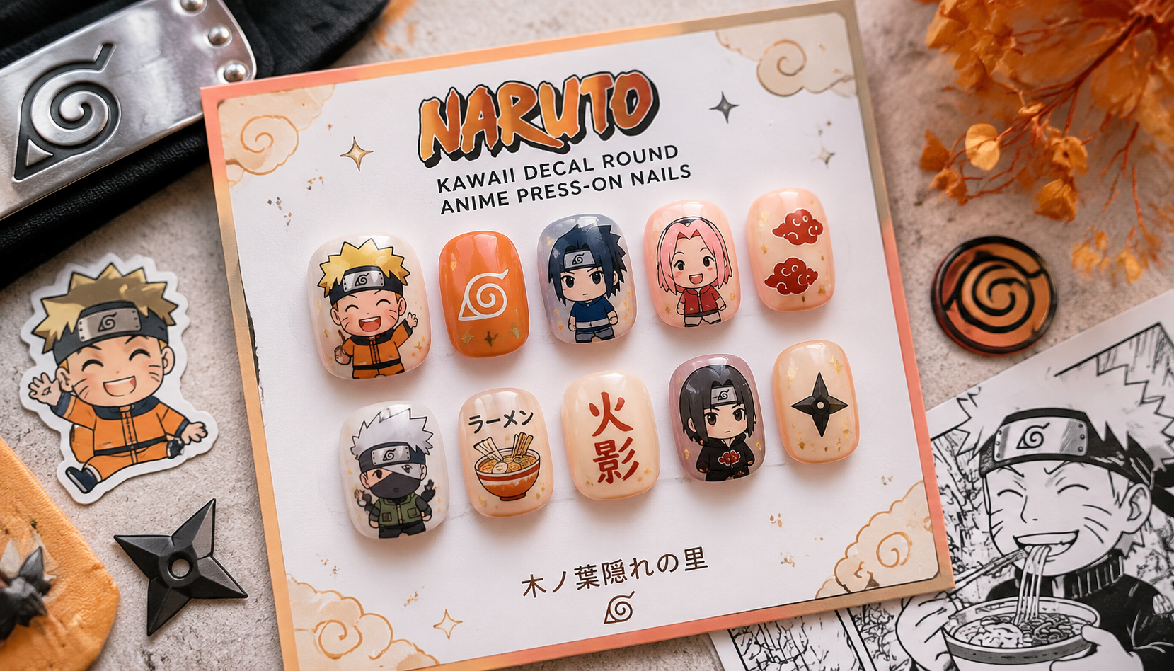 Styling look of Naruto Kawaii Decal Round Anime Press-On Nails on hands matching modern anime fashion