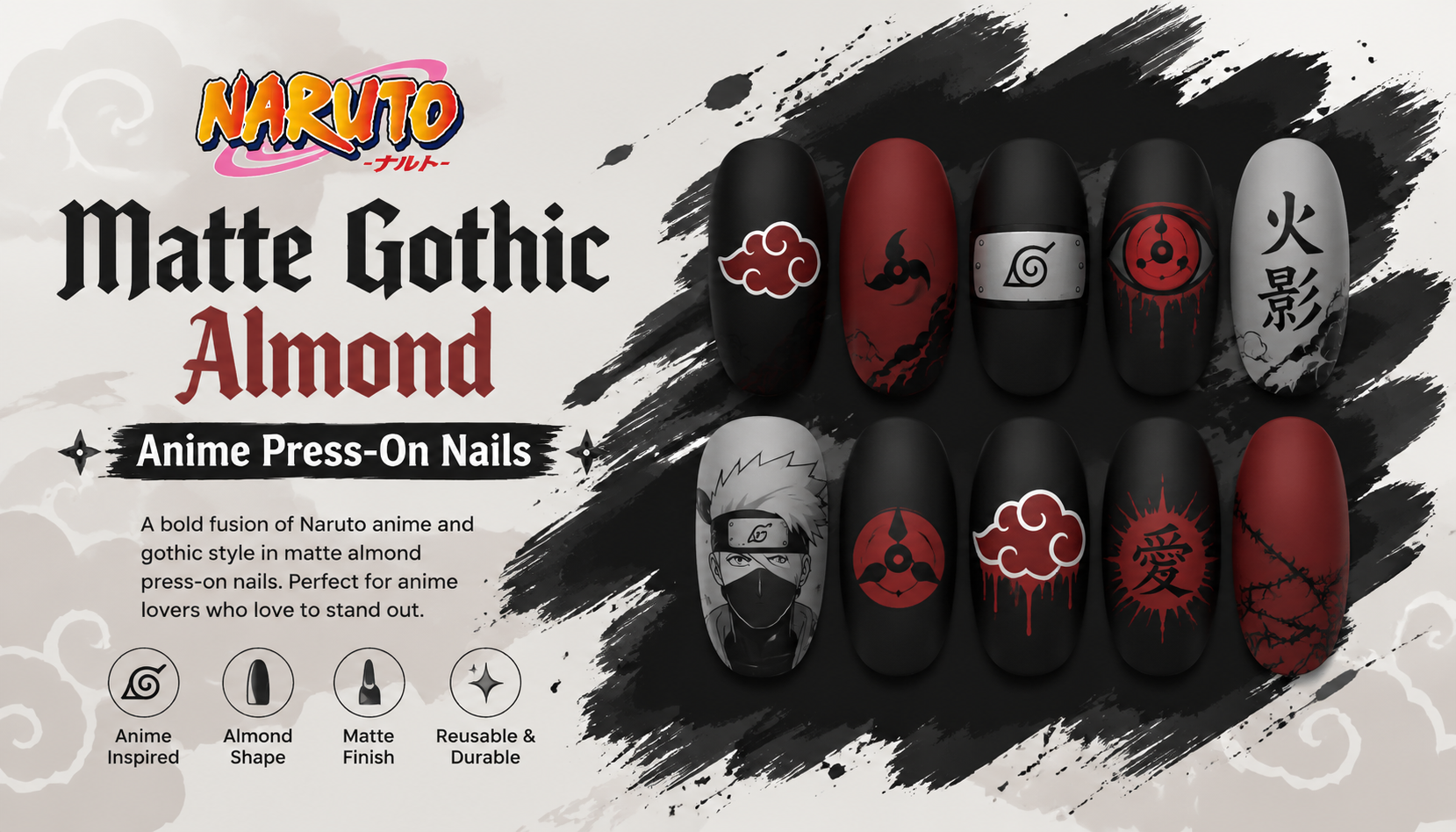 Naruto Matte Gothic Almond Anime Press-On Nails