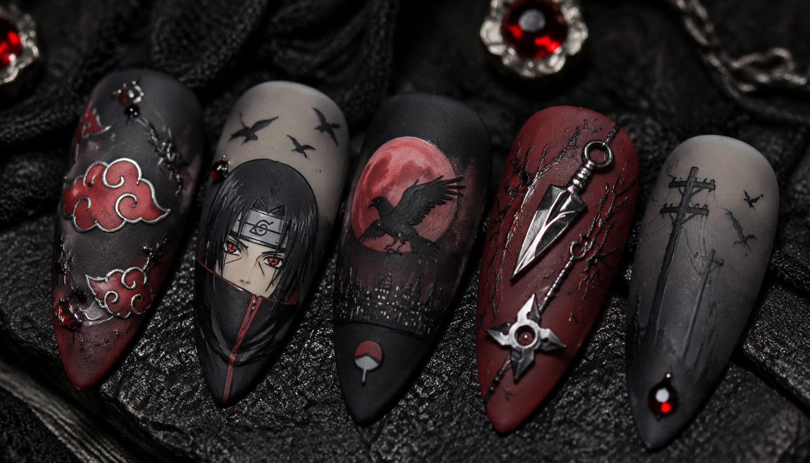 Detailed close-up showing the intricate hand-painted art of Naruto Matte Gothic Almond Anime Press-On Nails