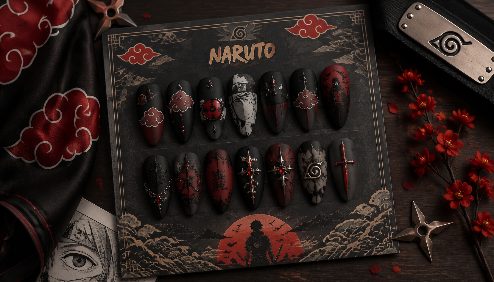 Styling look of Naruto Matte Gothic Almond Anime Press-On Nails on hands matching modern anime fashion