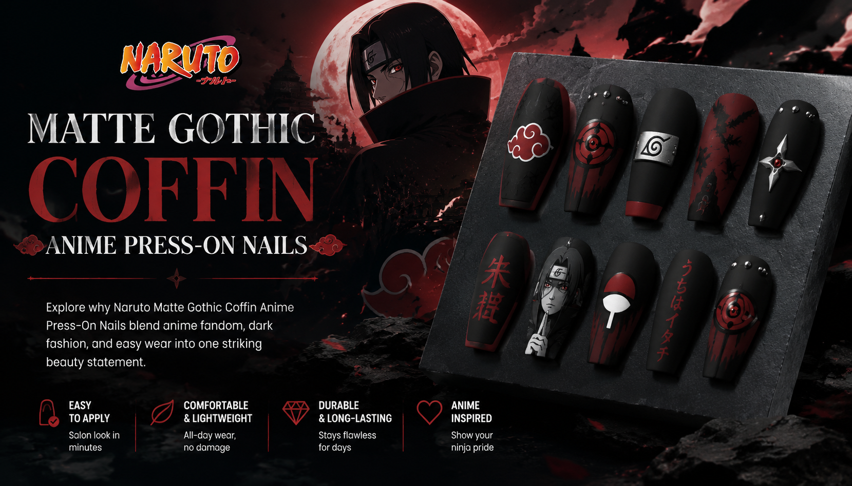 Naruto Matte Gothic Coffin Anime Press-On Nails