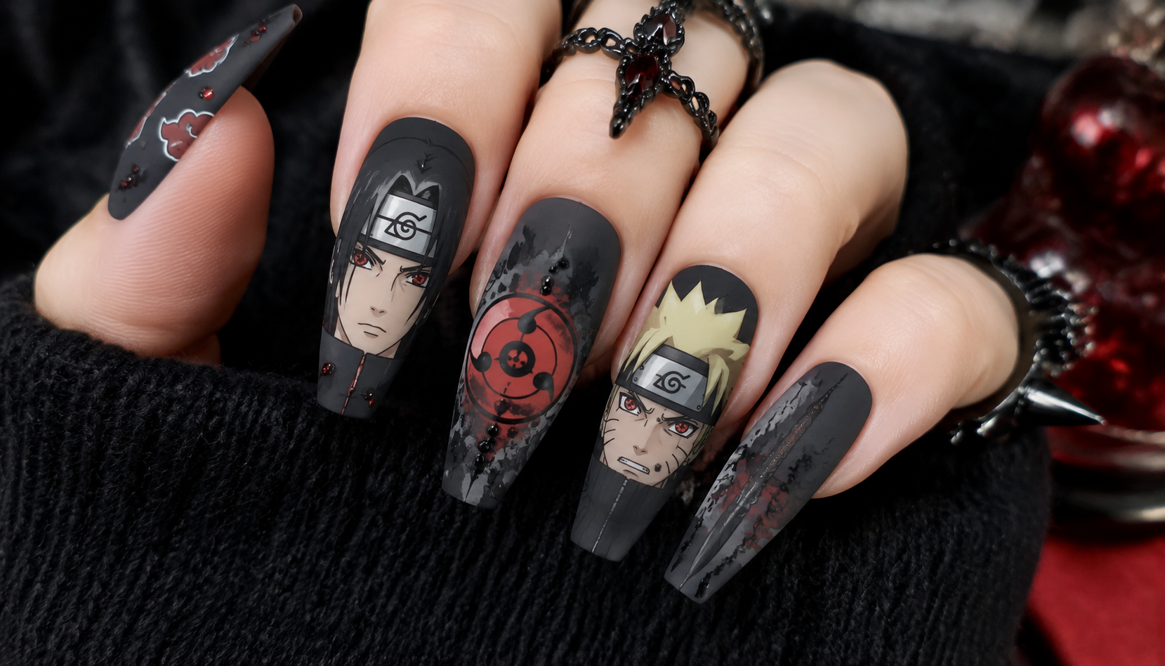Detailed close-up showing the intricate hand-painted art of Naruto Matte Gothic Coffin Anime Press-On Nails
