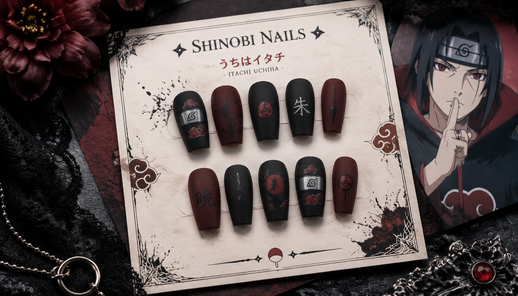 Styling look of Naruto Matte Gothic Coffin Anime Press-On Nails on hands matching modern anime fashion