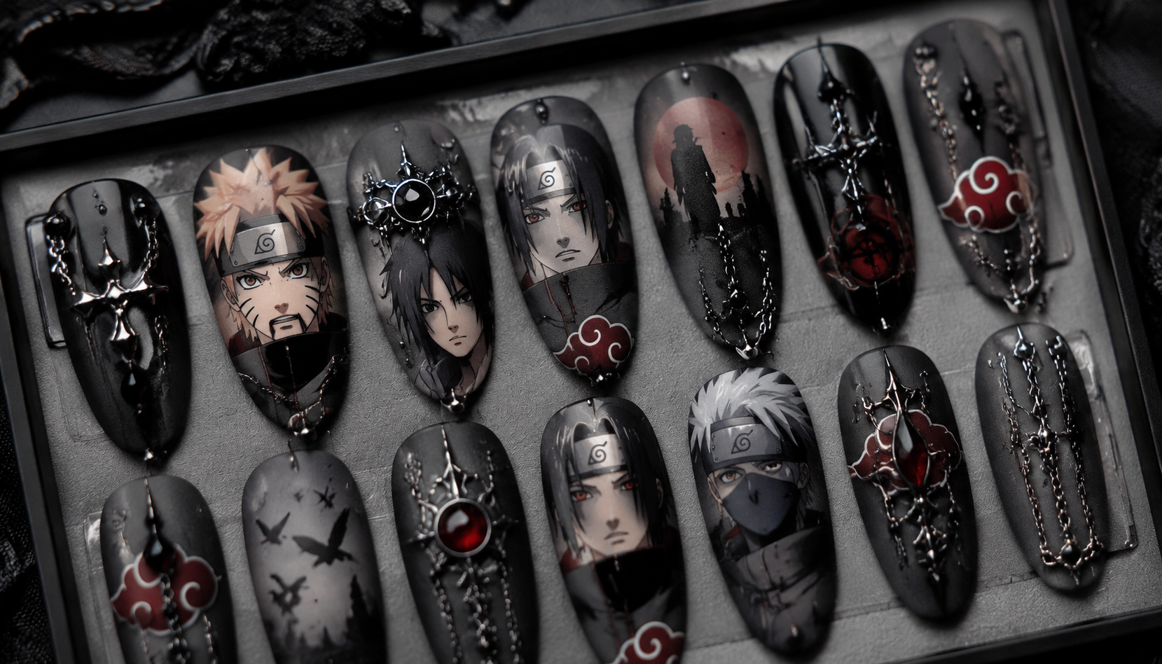 Detailed close-up showing the intricate hand-painted art of Naruto Matte Gothic Oval Anime Press-On Nails