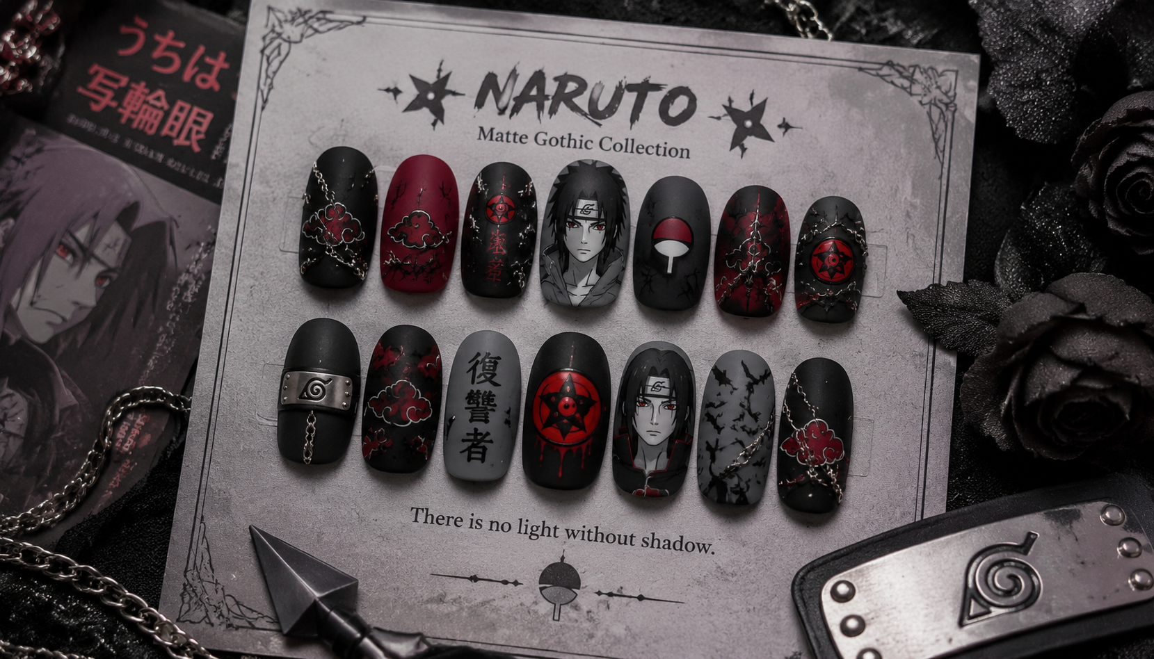 Styling look of Naruto Matte Gothic Oval Anime Press-On Nails on hands matching modern anime fashion