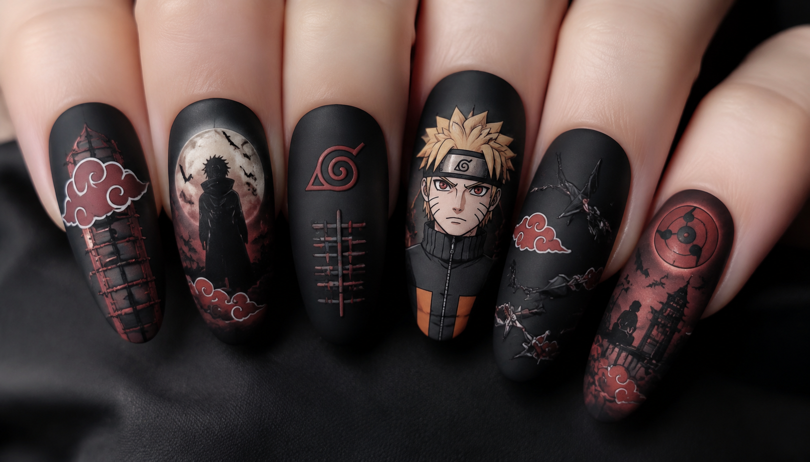 Detailed close-up showing the intricate hand-painted art of Naruto Matte Gothic Round Anime Press-On Nails