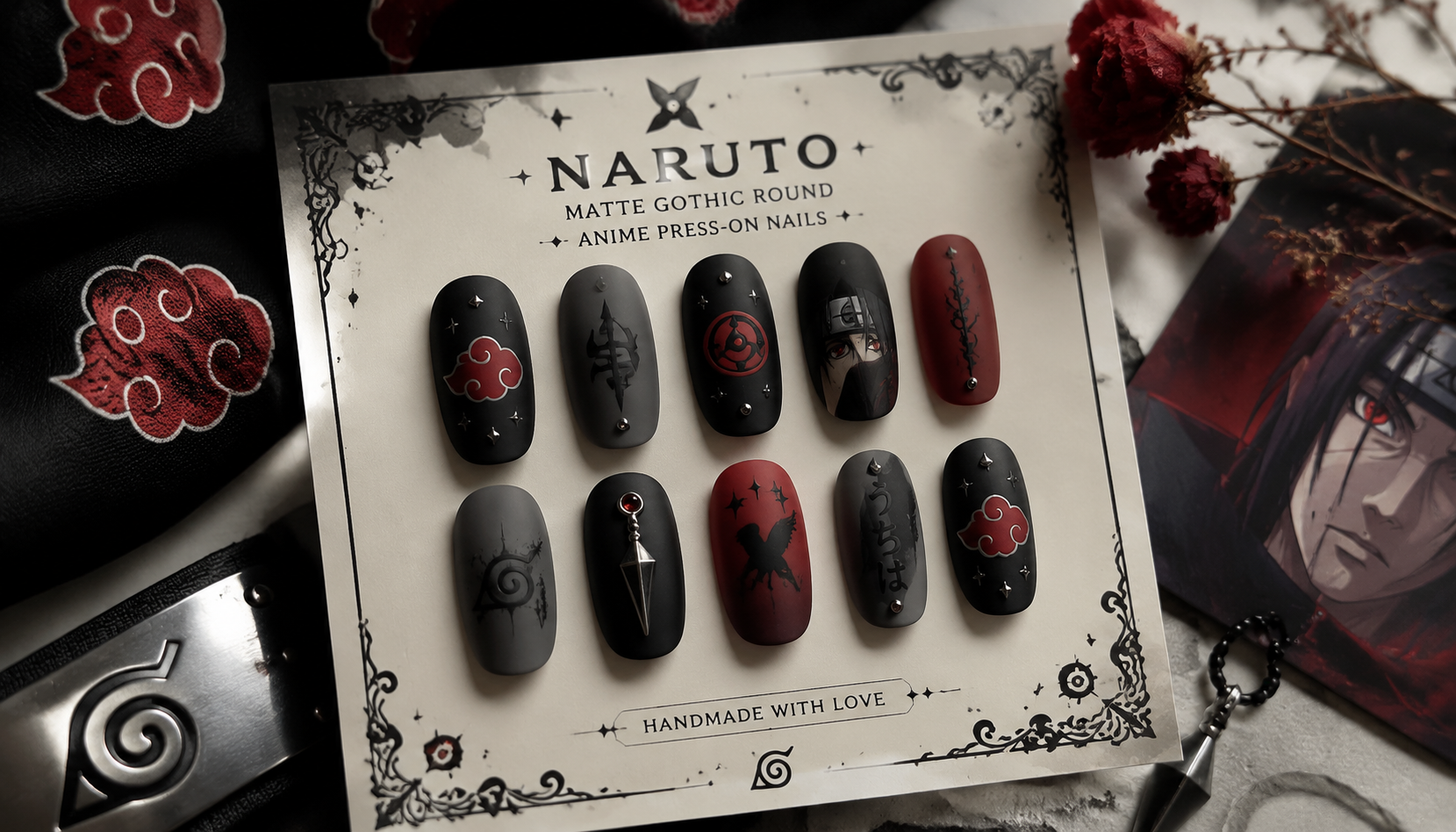 Styling look of Naruto Matte Gothic Round Anime Press-On Nails on hands matching modern anime fashion