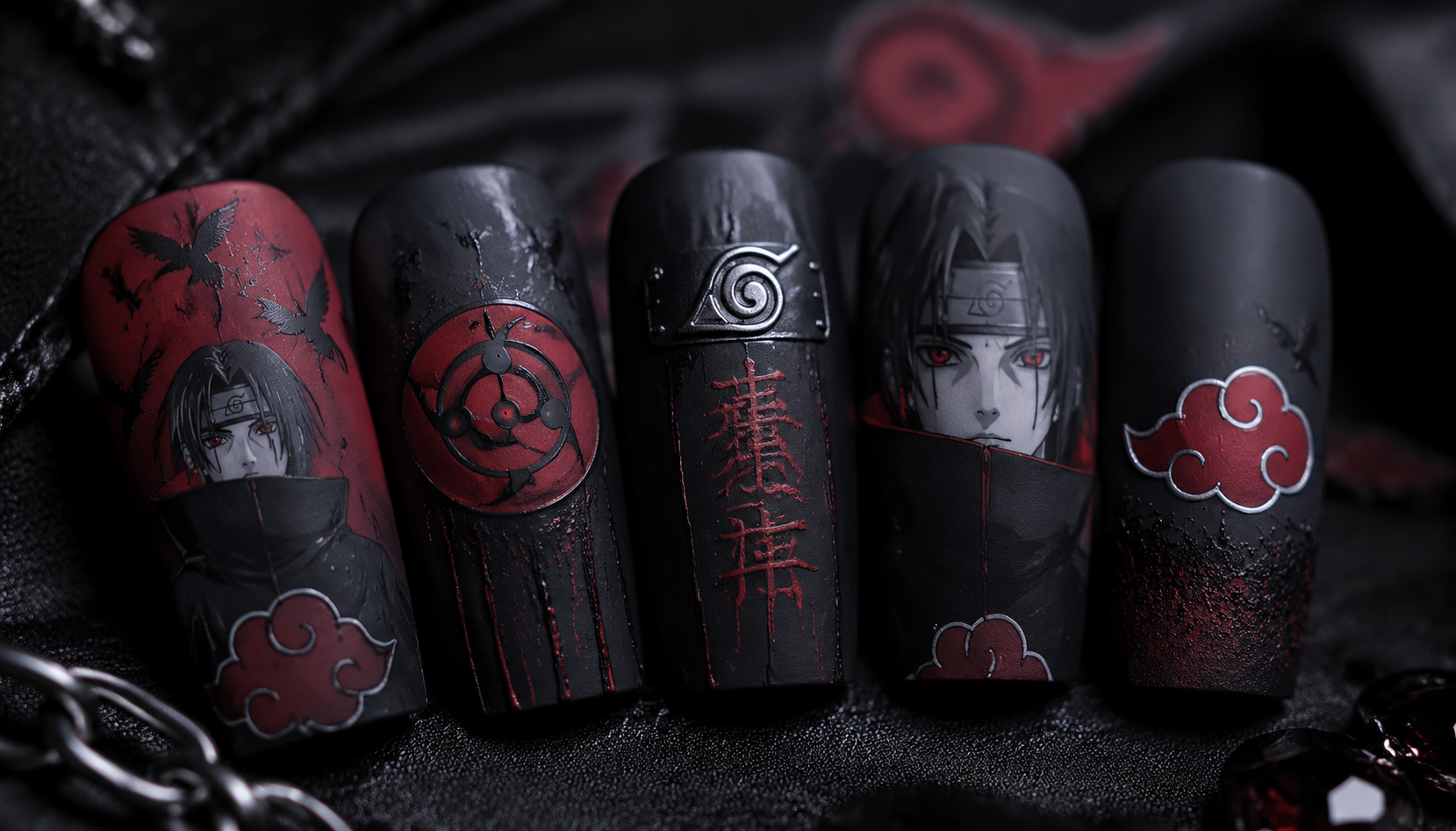 Detailed close-up showing the intricate hand-painted art of Naruto Matte Gothic Square Anime Press-On Nails
